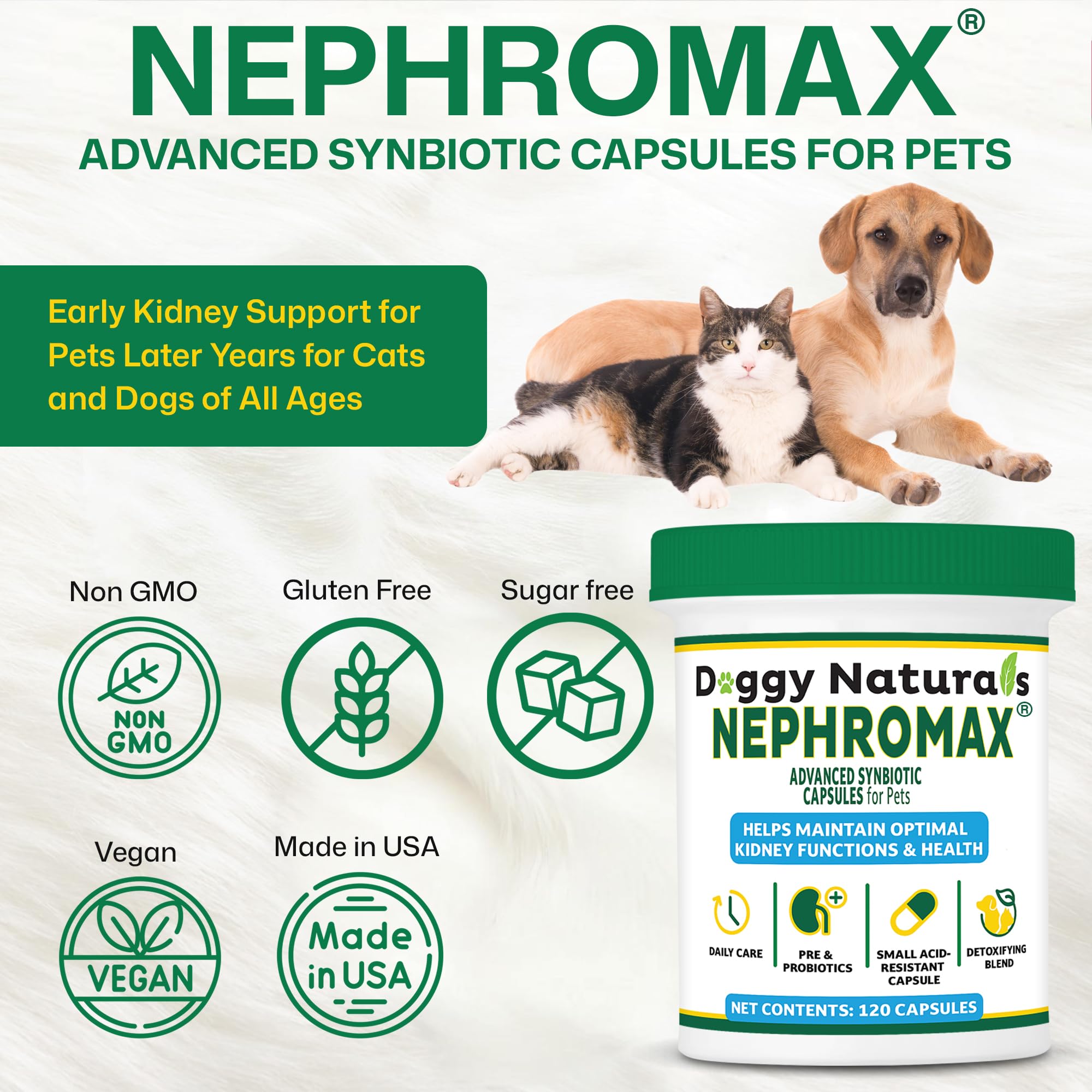 NEPHROMAX empaque y etiqueta claros para identificar la dosis.