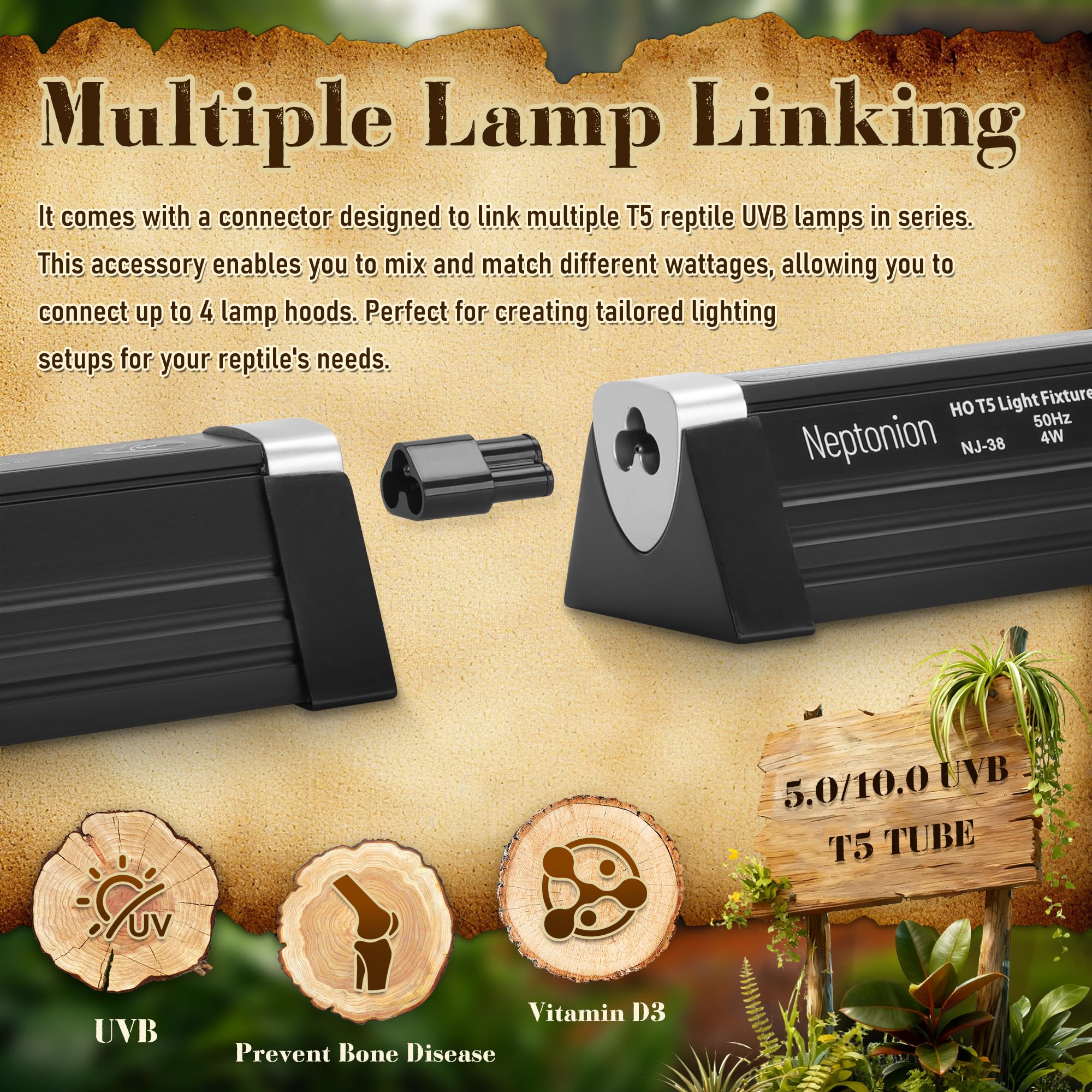 NEPTONION T5 UVB: conectores en cadena para instalaciones en múltiples terrarios