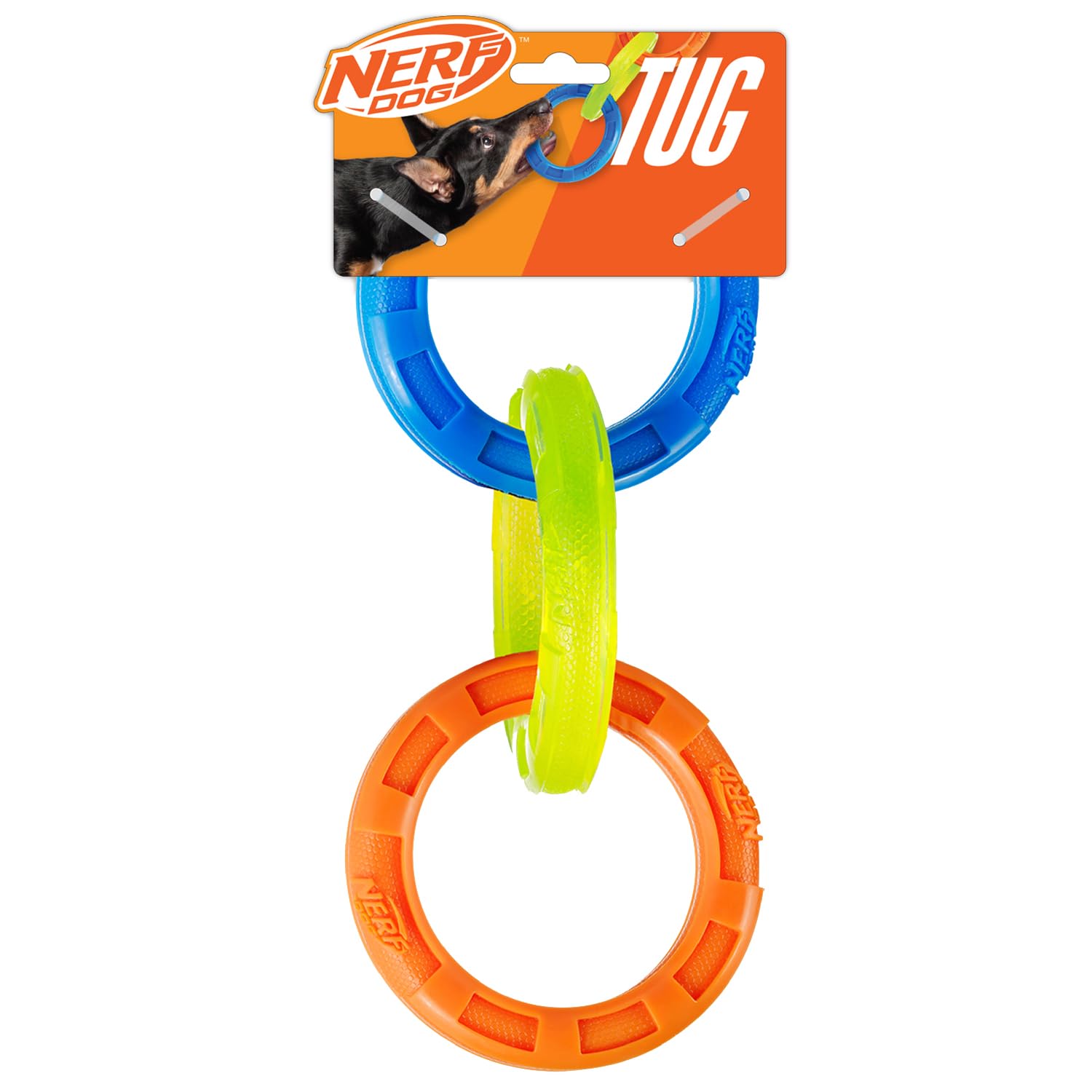 Nerf Dog Juguete de tirón 3 anillos, ideal para juego al aire libre.