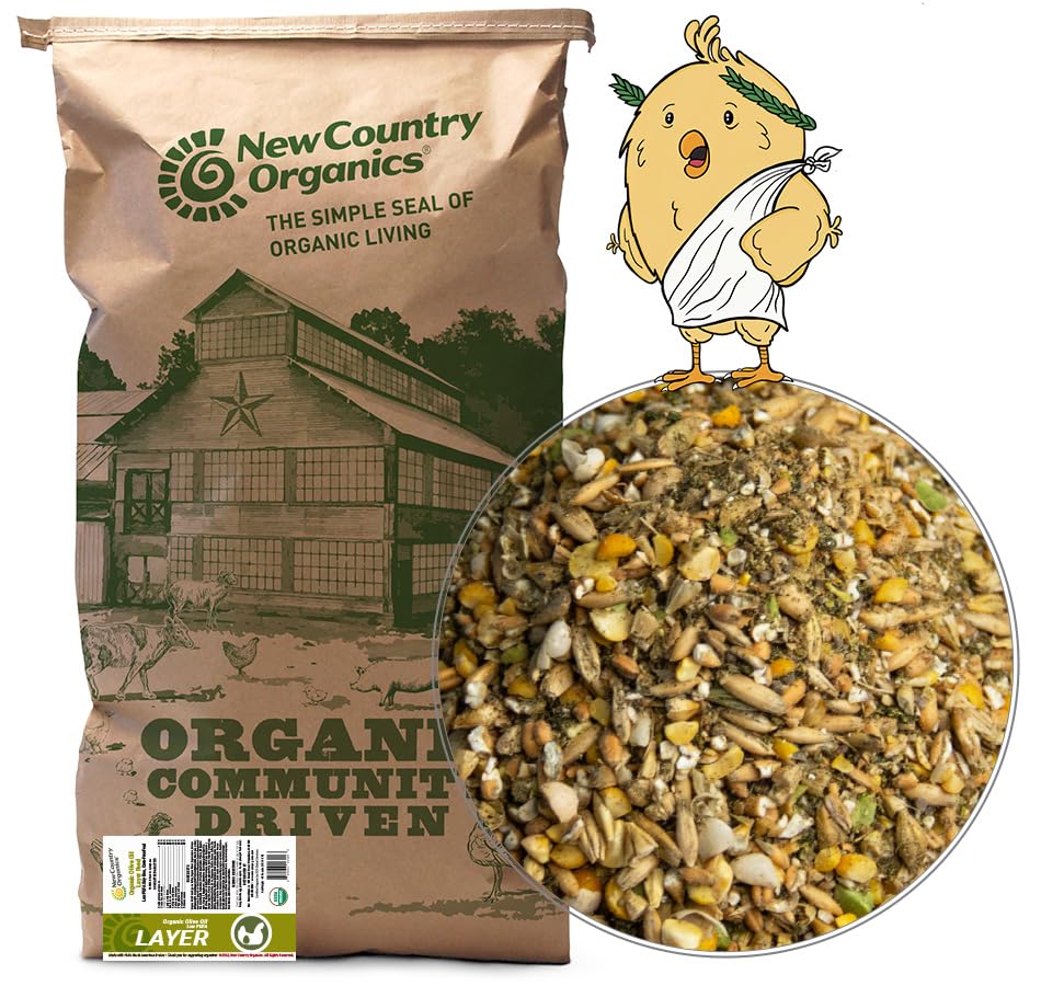 New Country Organics alimento para ponedoras con aceite de oliva, mejora omega-3 en los huevos.