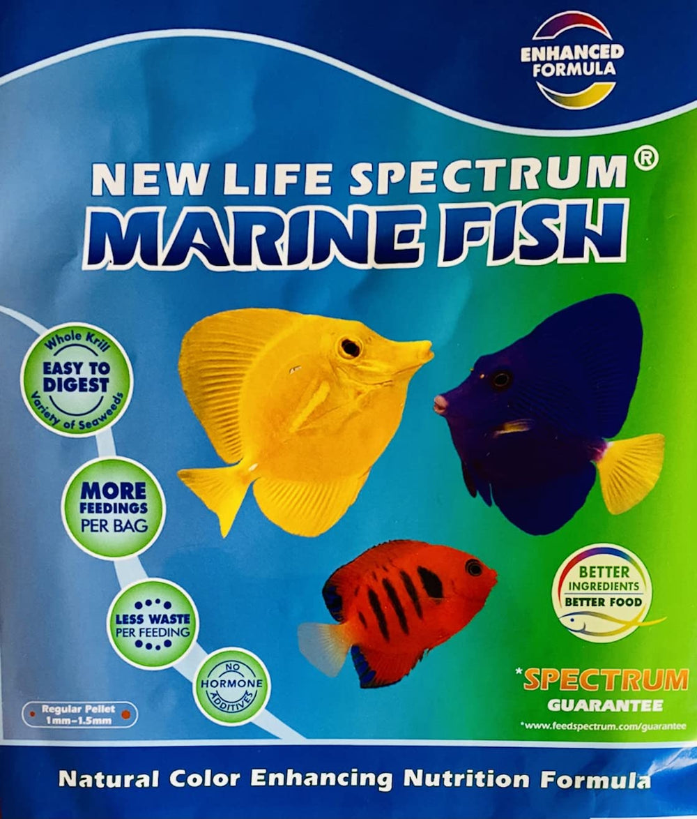 New Life Spectrum Alimento Marino 1mm granulos 600g tarro — dispensación fácil para peces.