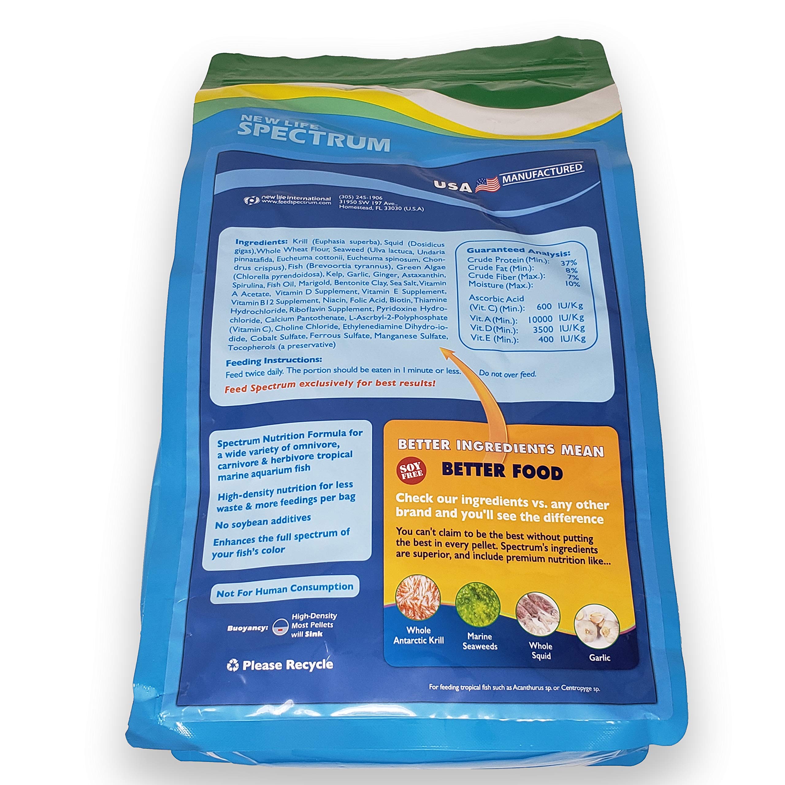 Detalle de etiqueta, New Life Spectrum Naturox Marine Formula, uso diario seguro para acuarios.