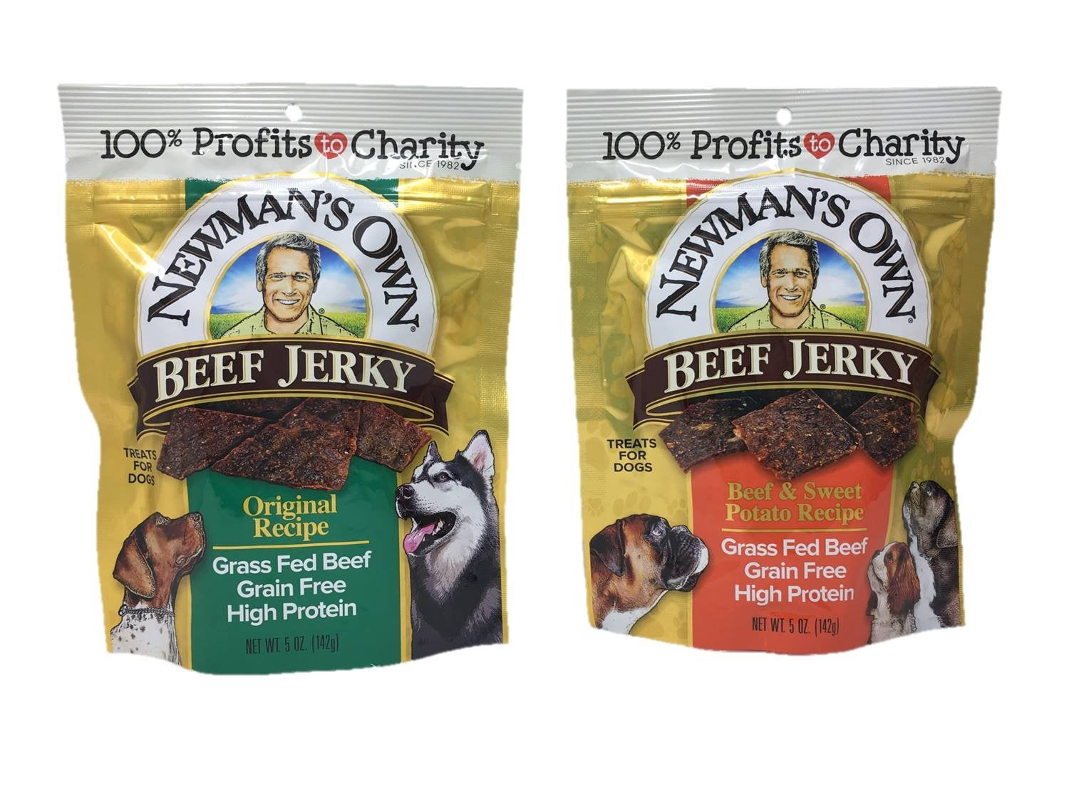 Newman's Own tiras de carne para perros, bolsa hermética, sabor Receta original y patata dulce, snack proteico.