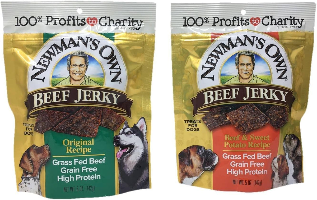 Newman's Own tiras de carne seca original en bolsa abierta, snack proteico para perros.