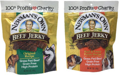 Newman's Own tiras de carne seca original en bolsa abierta, snack proteico para perros.