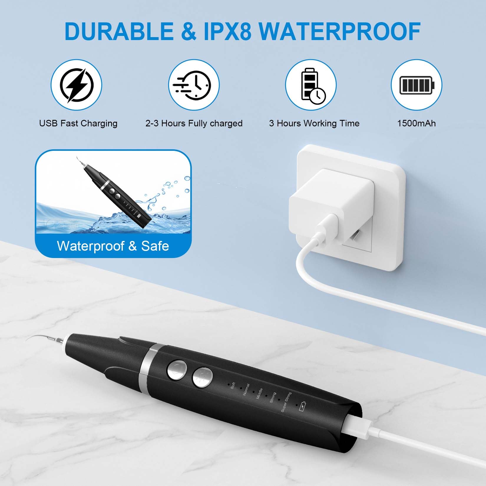 Batería recargable por USB para sesiones prolongadas.
