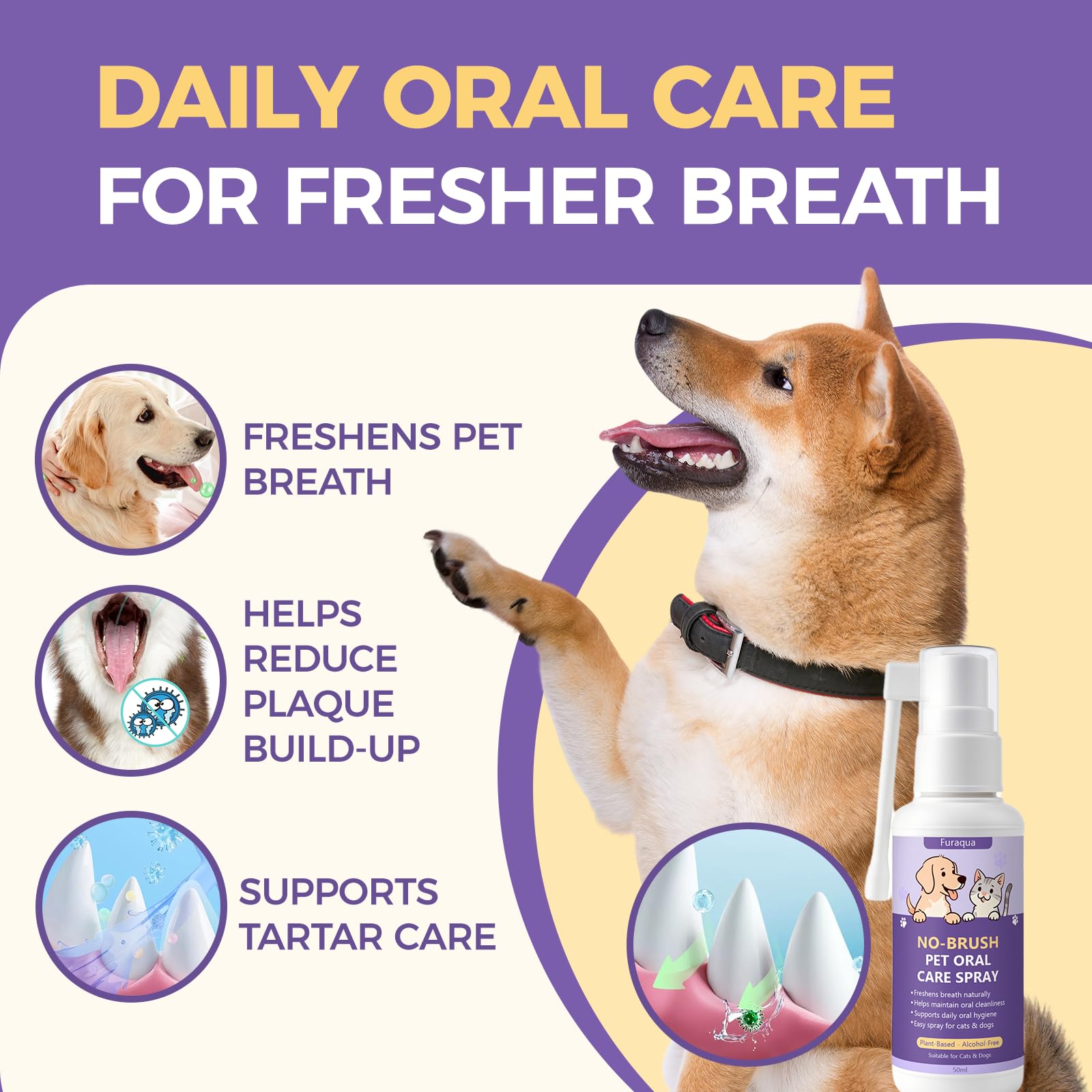 Uso diario de Furaqua para perros con spray bucal que mejora el respiro.