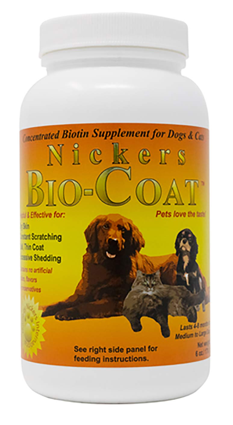 Nickers Bio Coat polvo en empaque, soporte para piel sana y pelaje brillante.