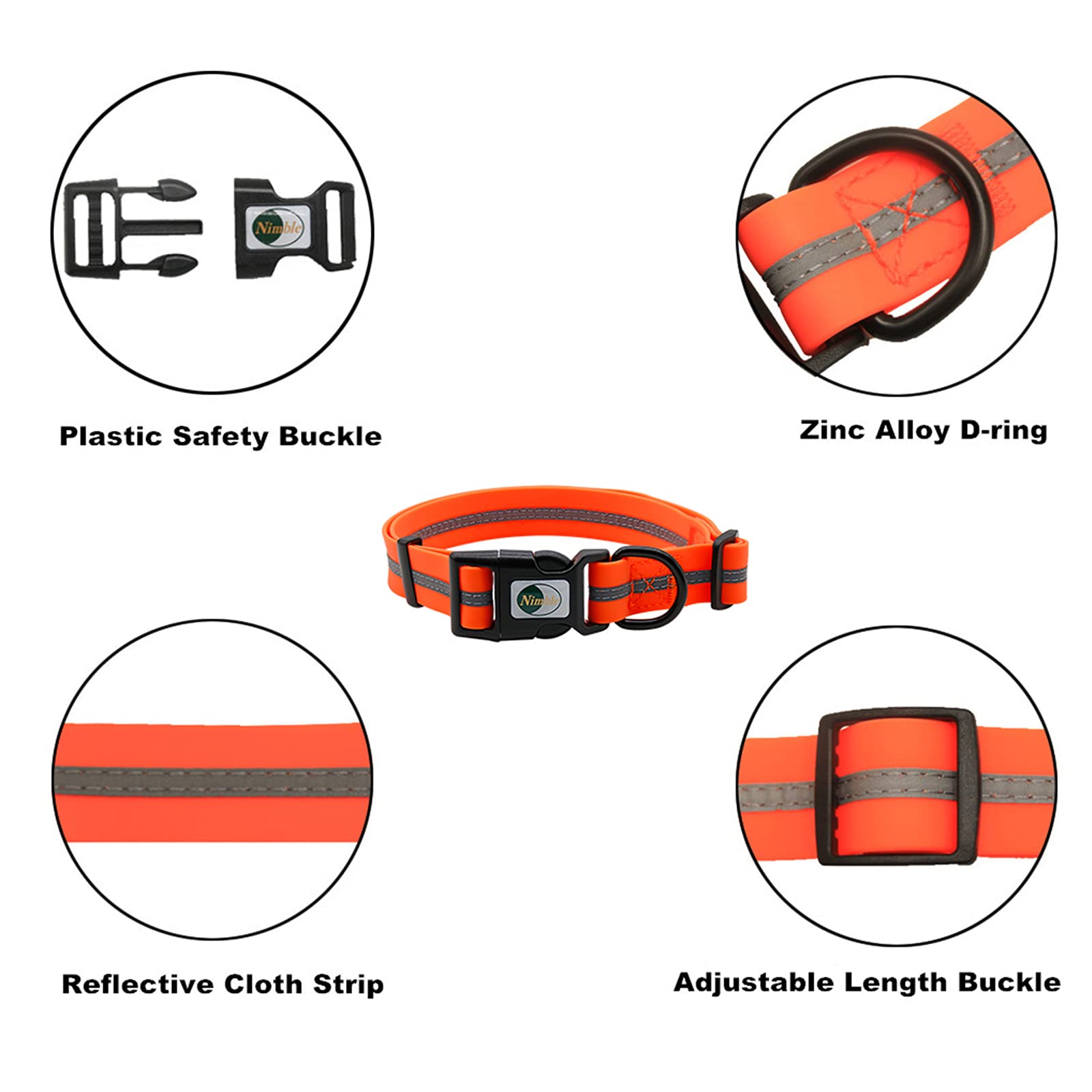 NIMBLE collar ajustable para tallas S, M y L, cómodo y seguro.