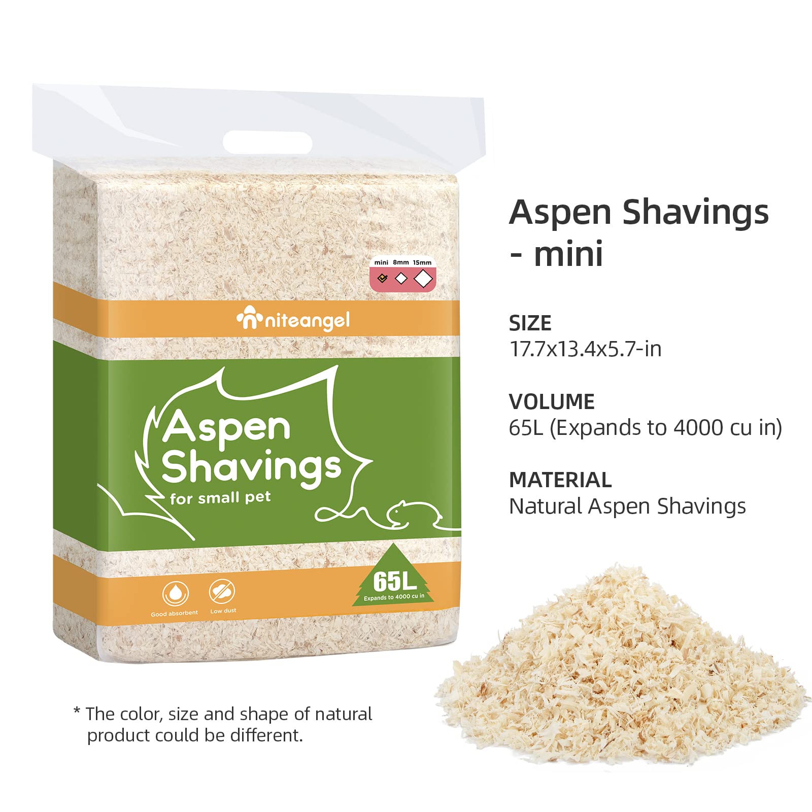 Niteangel viruta Aspen para conejo, base estable y absorbente.