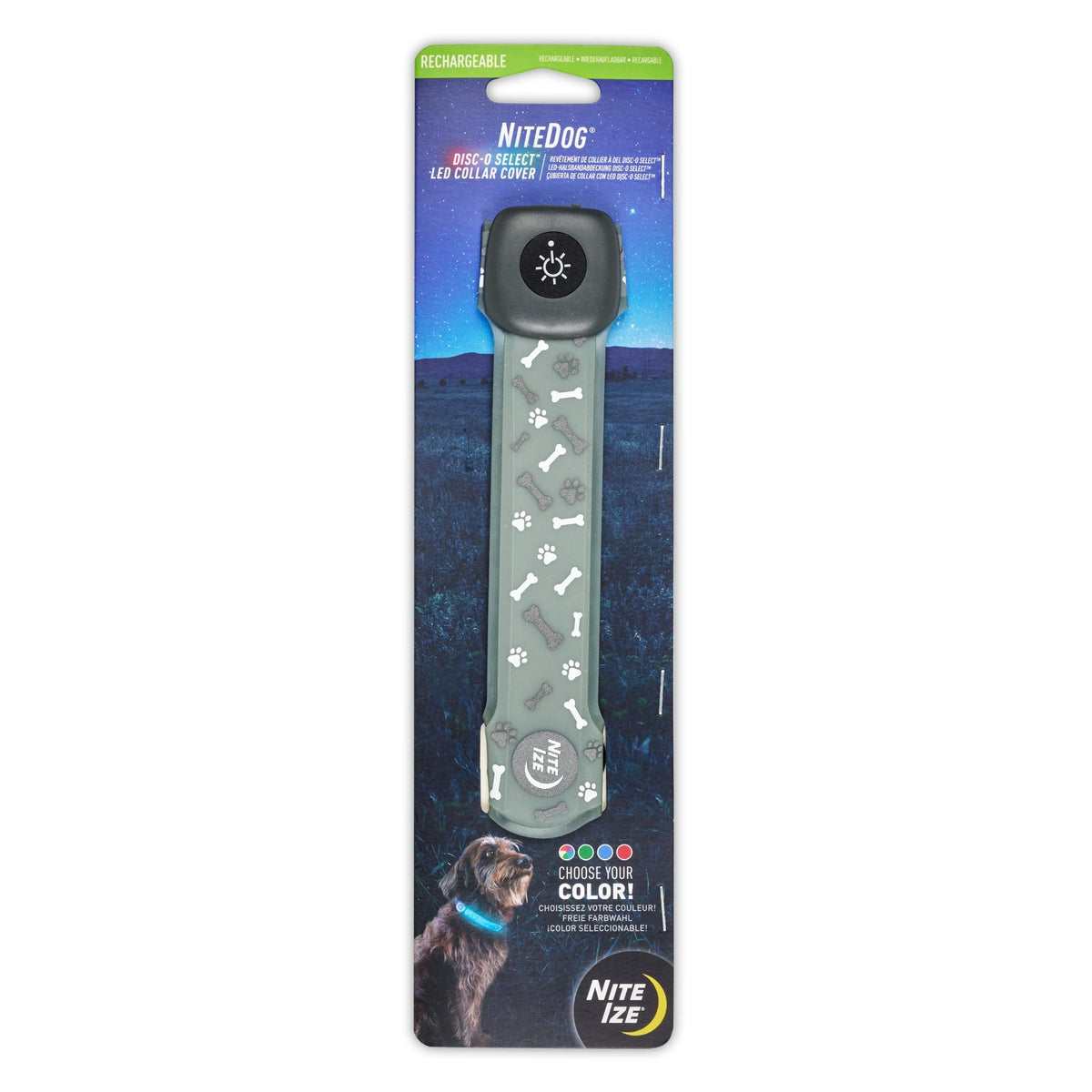 Funda LED Nite Ize NiteDog cubre collar con iluminación disco para paseos nocturnos.