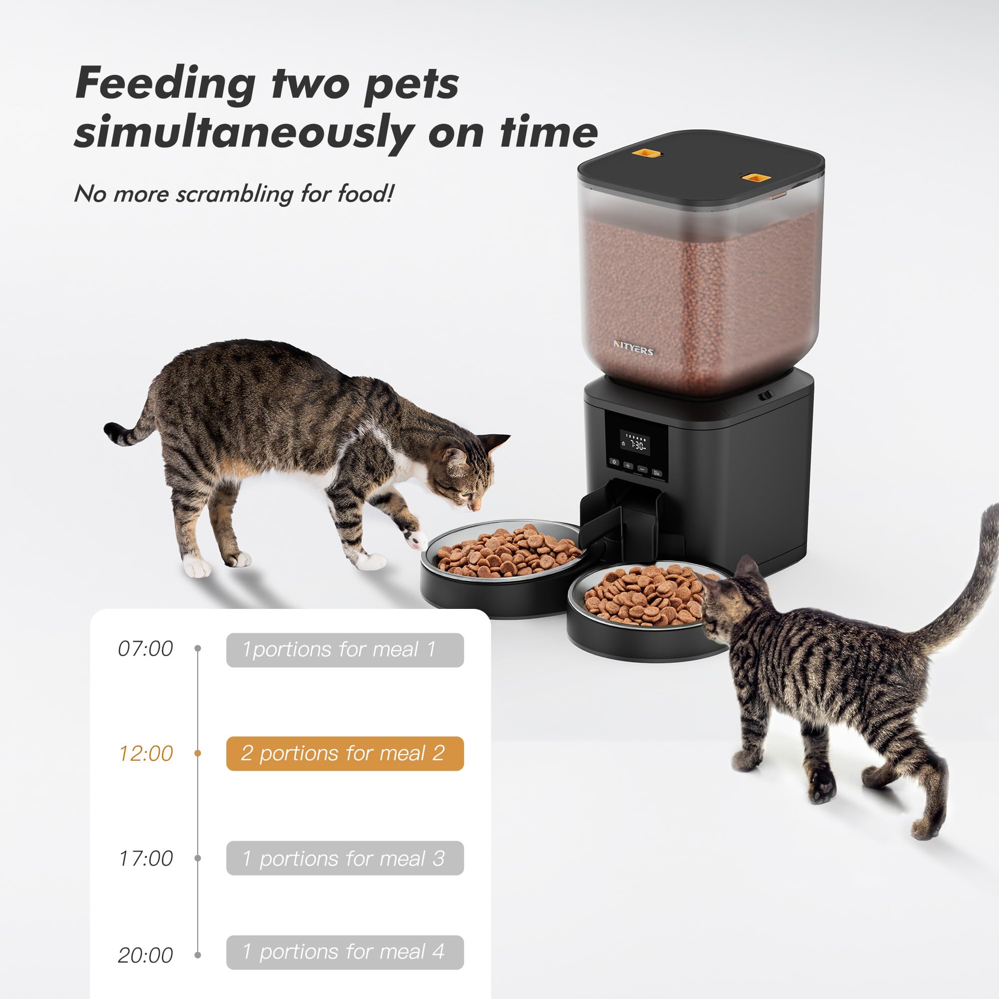 Nityers doble bandejas distribuyen comida equitativamente entre dos felinos.
