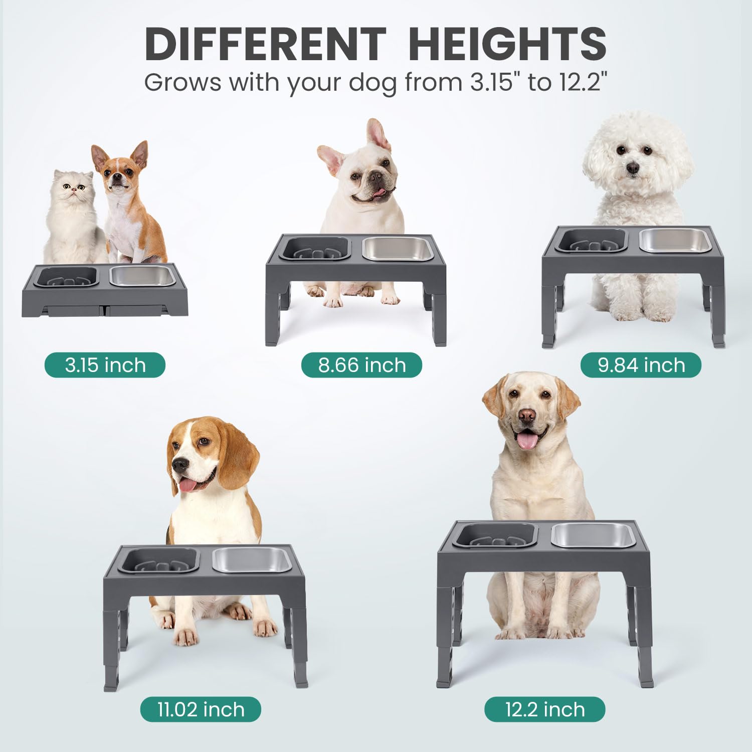 Niubya bebederos elevados con patas plegables para almacenamiento sencillo.