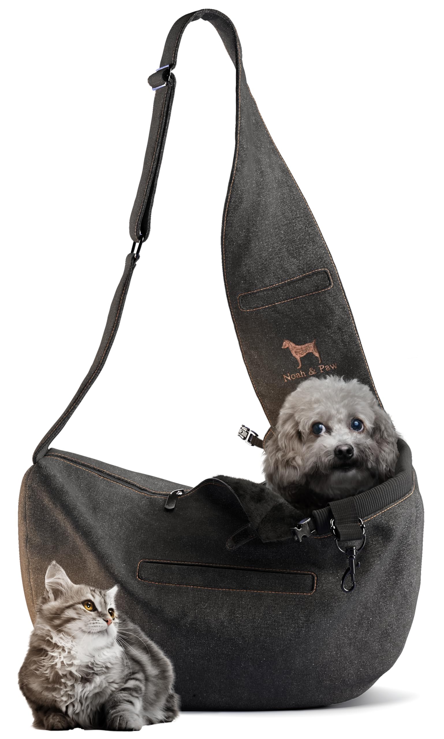 Sling Noah & Paw en denim con forro peludo para paseos cómodos.