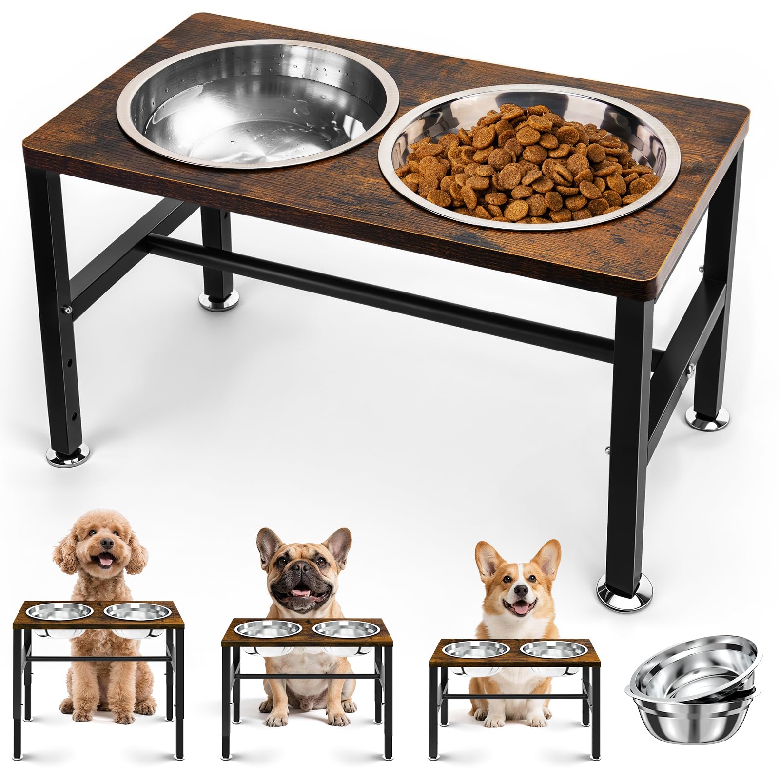 NomNest elevated dog bowls on a wooden stand for comfortable feeding at multiple heights.