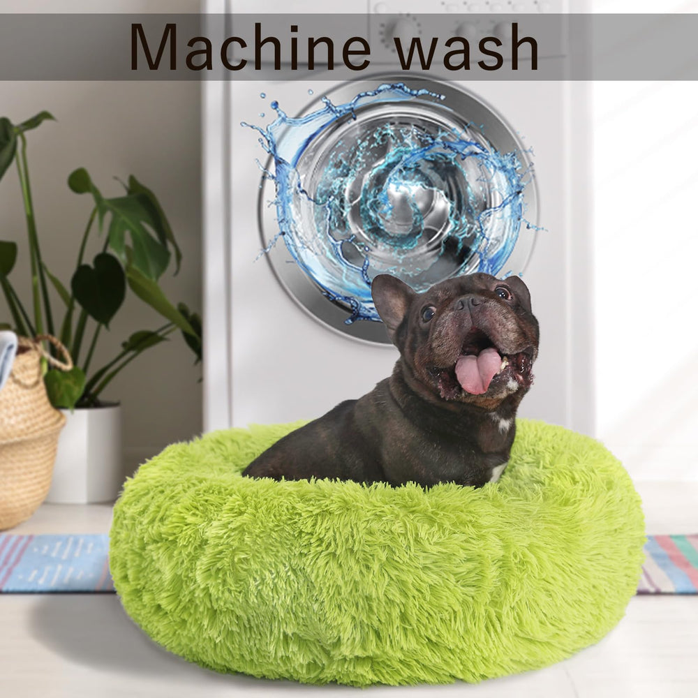 Nononfish cama dona color verde, diseño atractivo para espacios pequeños.