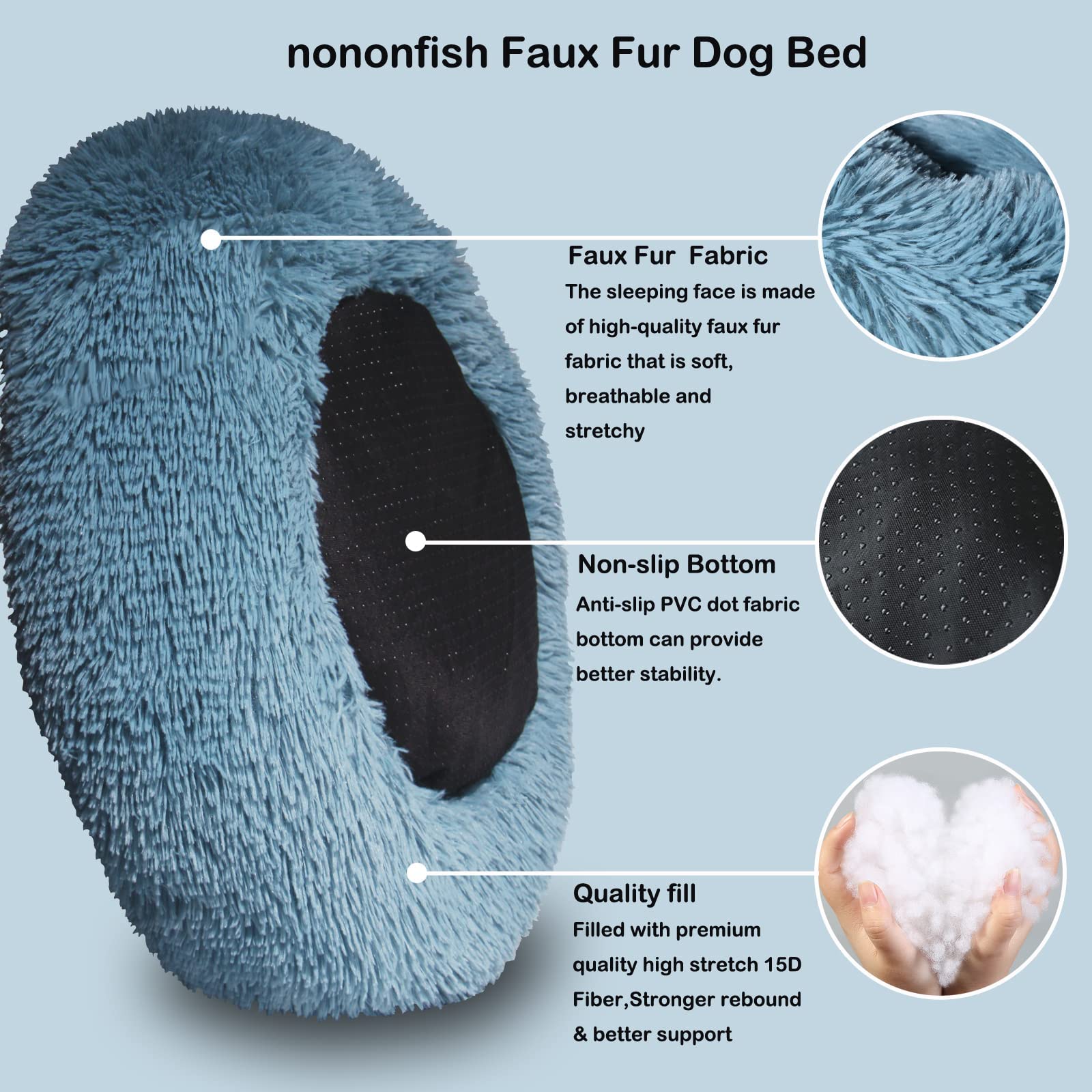 Nononfish cama-donut pelo-artificial para gatos, mullida y acogedora