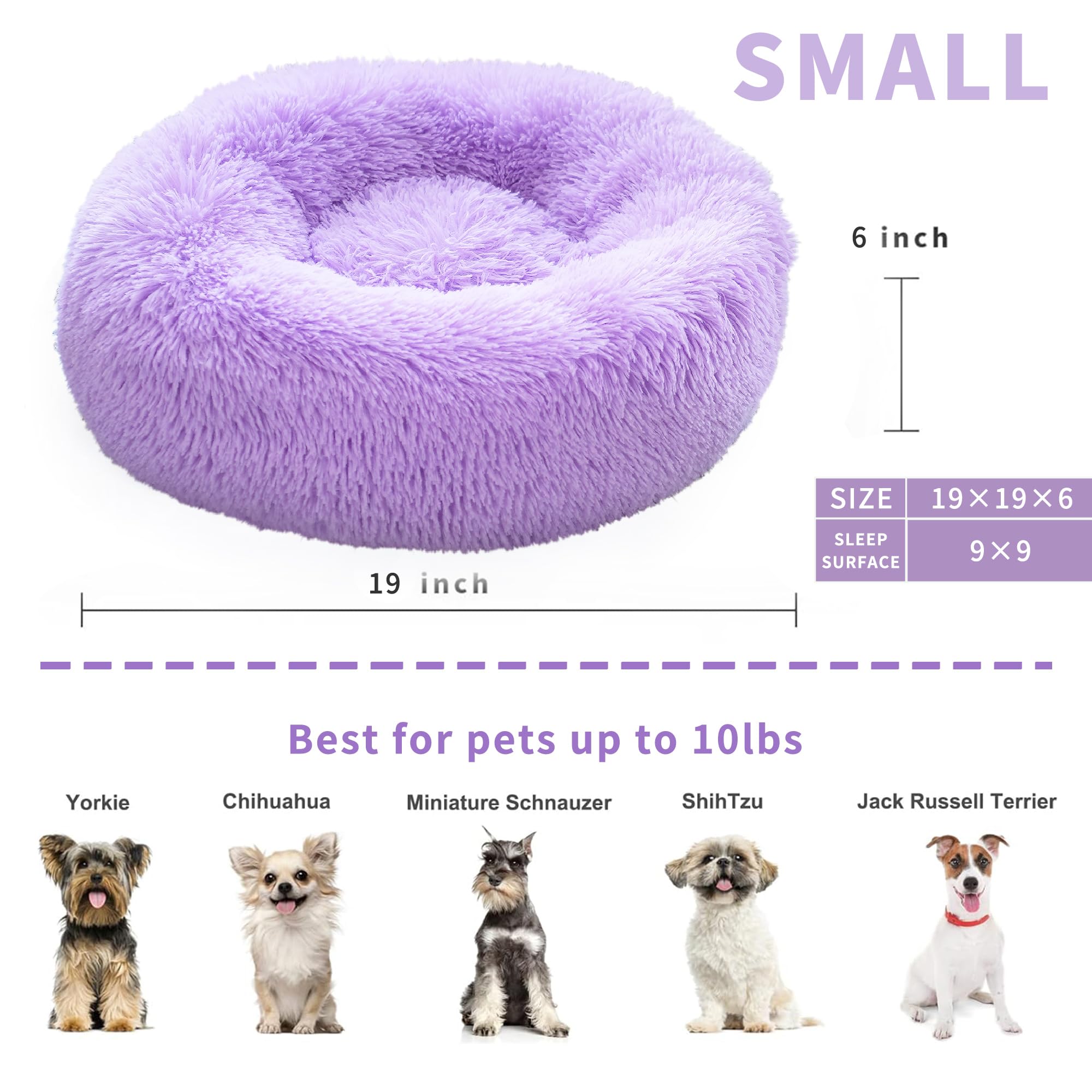 Nononfish cama donut morada con felpa suave para mascotas con sueño profundo.