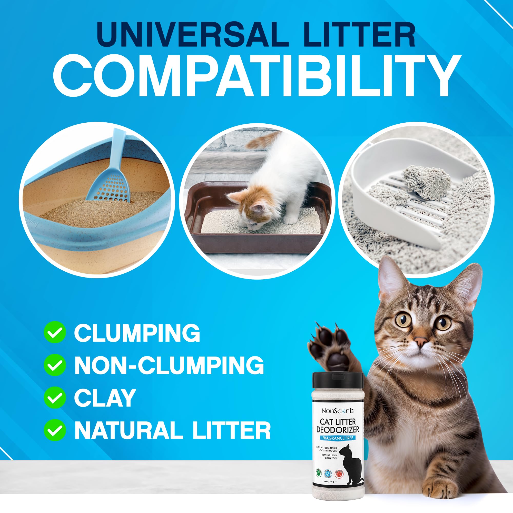 NonScents espolvoreado sobre la arena para gatos mantiene el ambiente fresco.