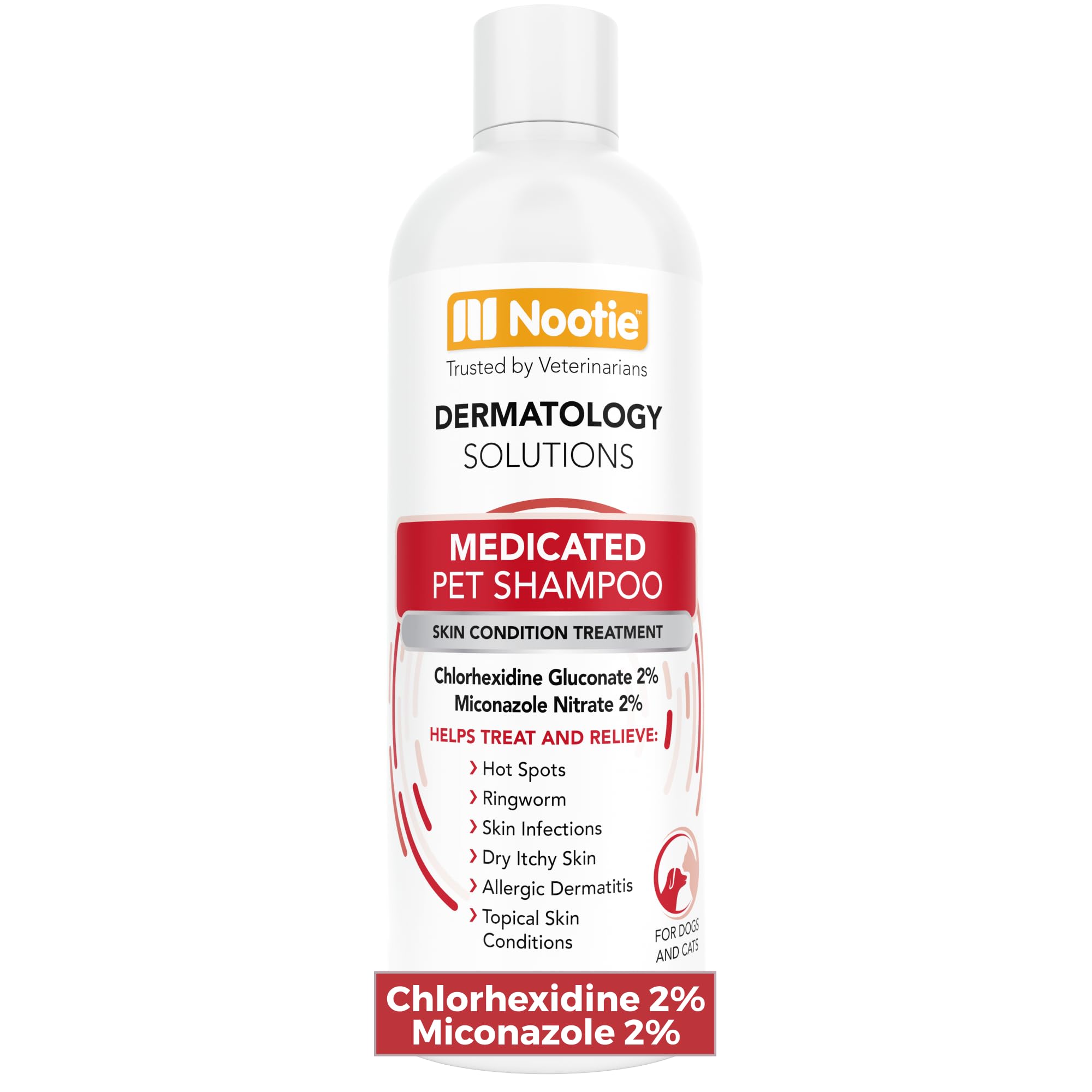 Nootie Medicated Pet Shampoo, botella frontal, cuidado para la piel de la mascota.