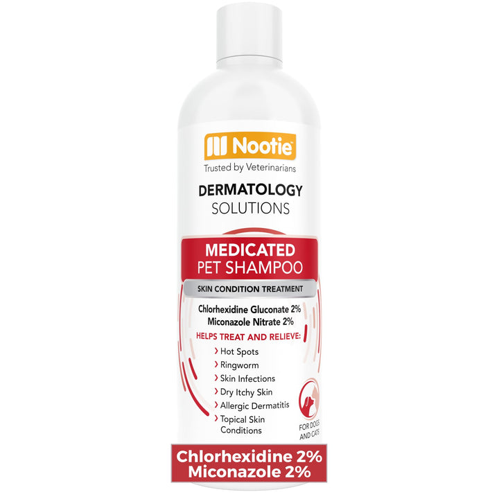 Nootie Medicated Pet Shampoo, botella frontal, cuidado para la piel de la mascota.
