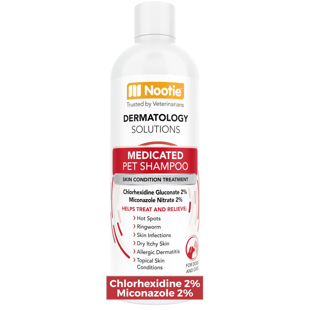 Nootie Medicated Pet Shampoo, botella frontal, cuidado para la piel de la mascota.