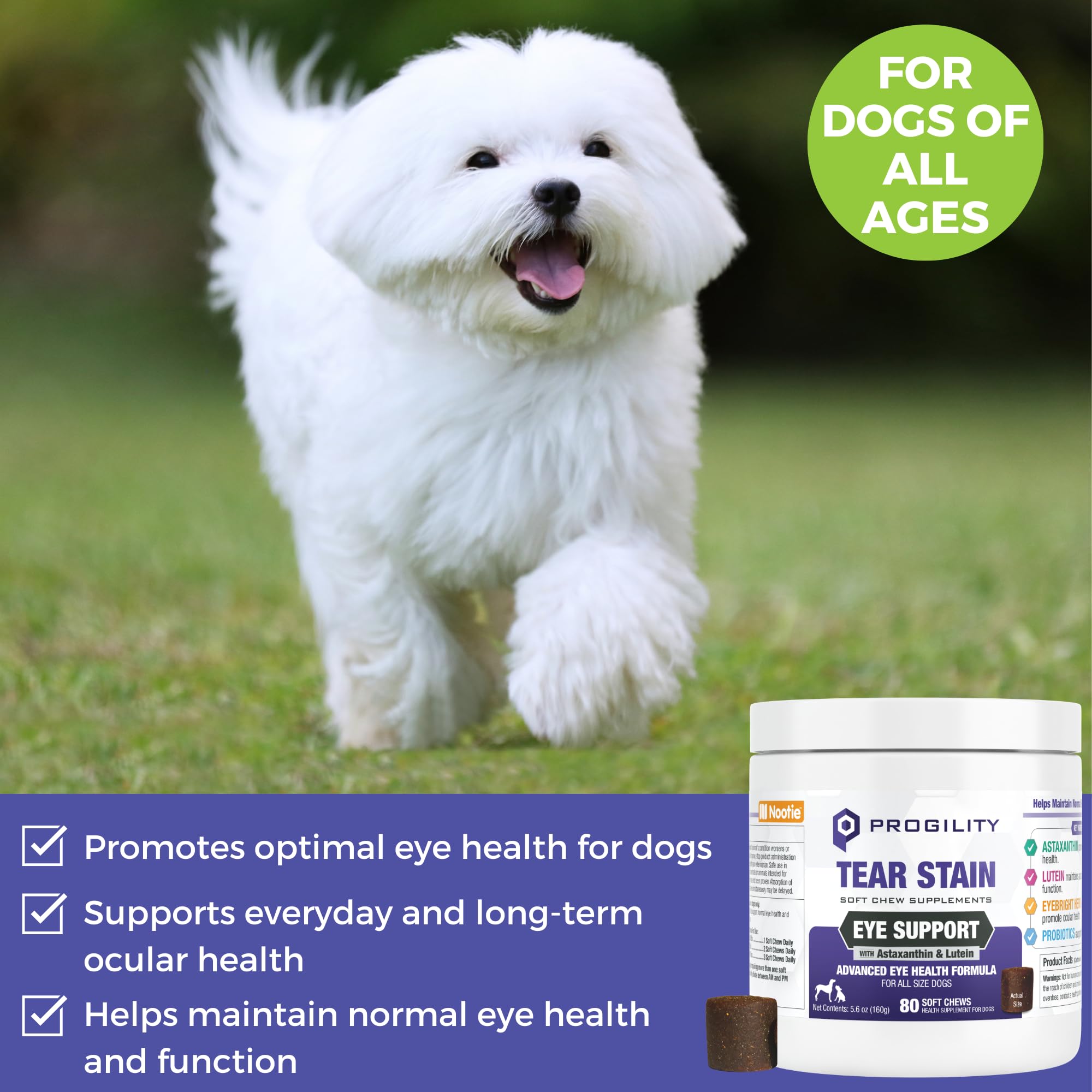 Nootie Progility: ingredientes astaxantina y luteína para la salud ocular.