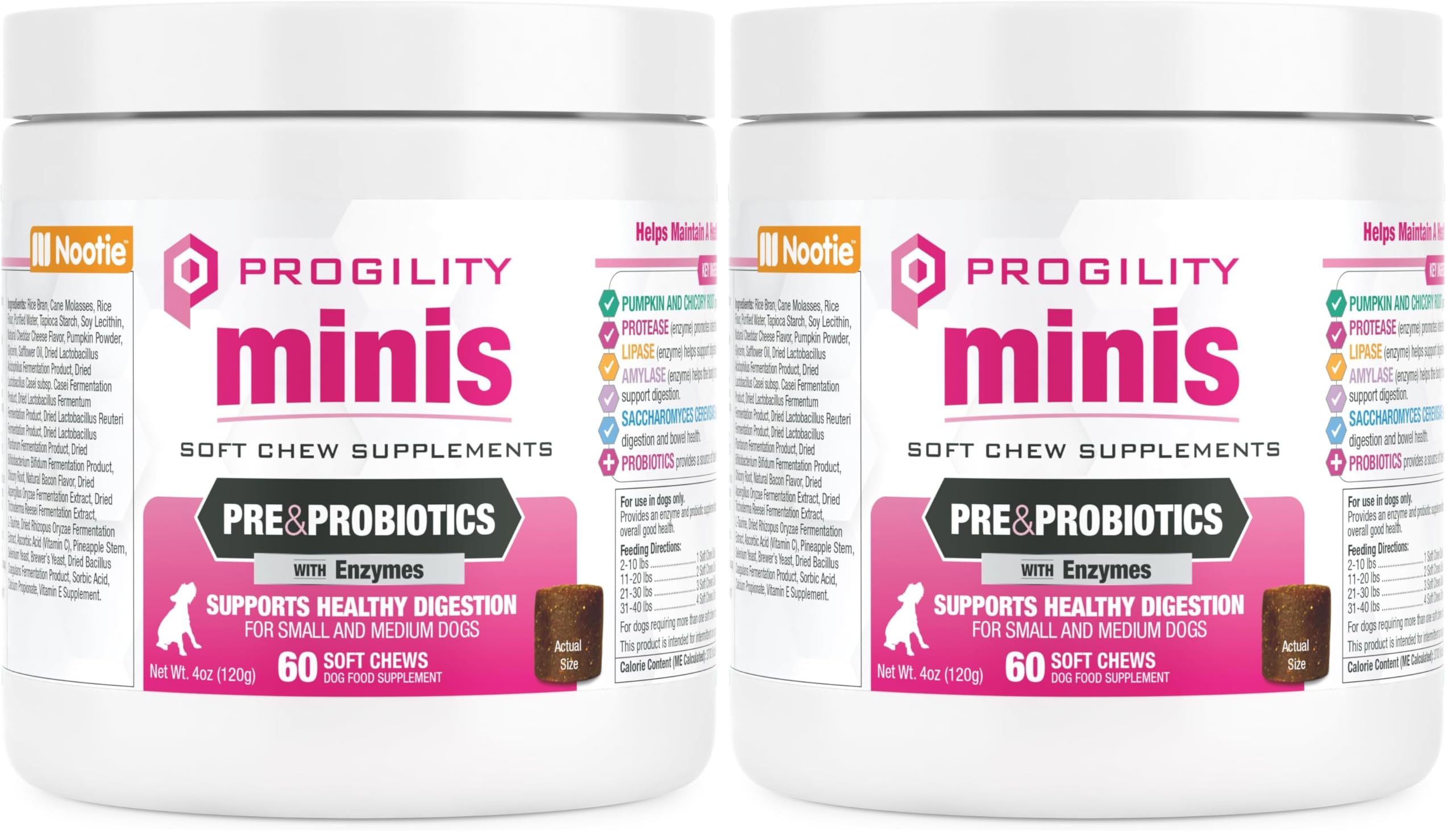 Envase dúo de Nootie Progility Mini para apoyo digestivo en perros.