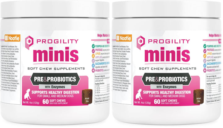 Envase dúo de Nootie Progility Mini para apoyo digestivo en perros.