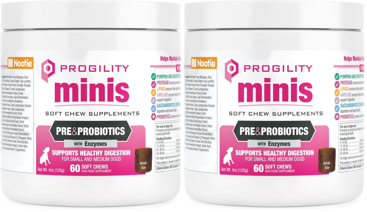 Envase dúo de Nootie Progility Mini para apoyo digestivo en perros.