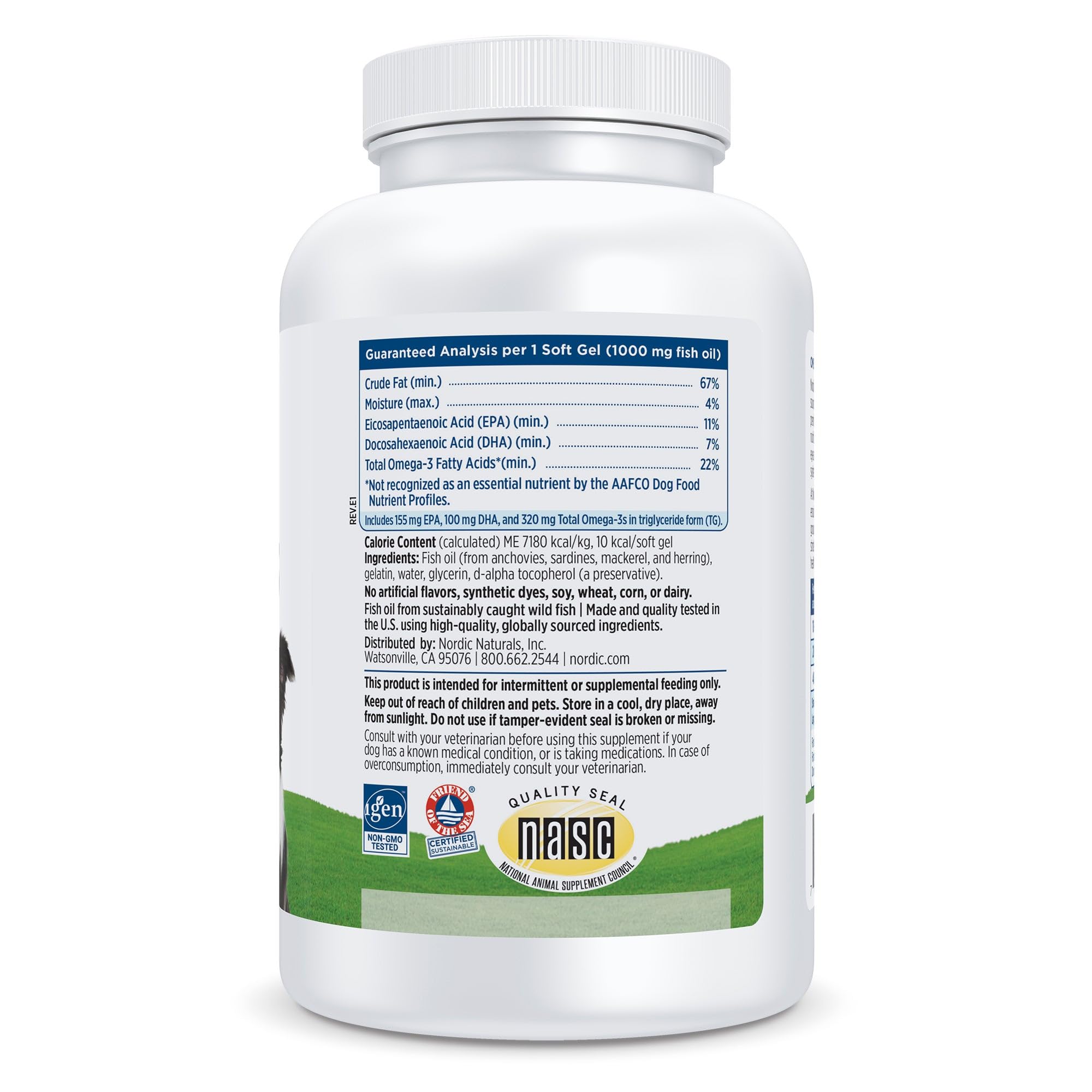 Nordic Naturals Omega-3 Pet, frasco de cápsulas, aporte omega-3 de calidad.