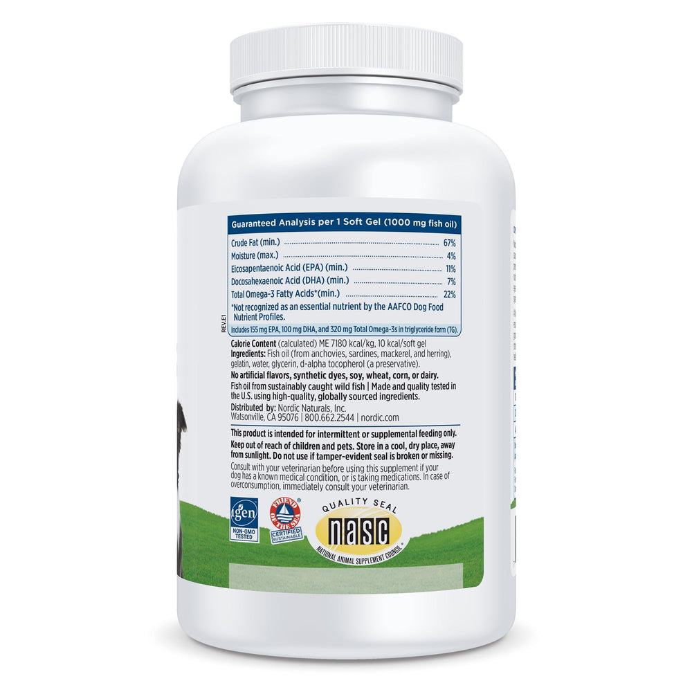 Nordic Naturals Omega-3 Pet, frasco de cápsulas, aporte omega-3 de calidad.