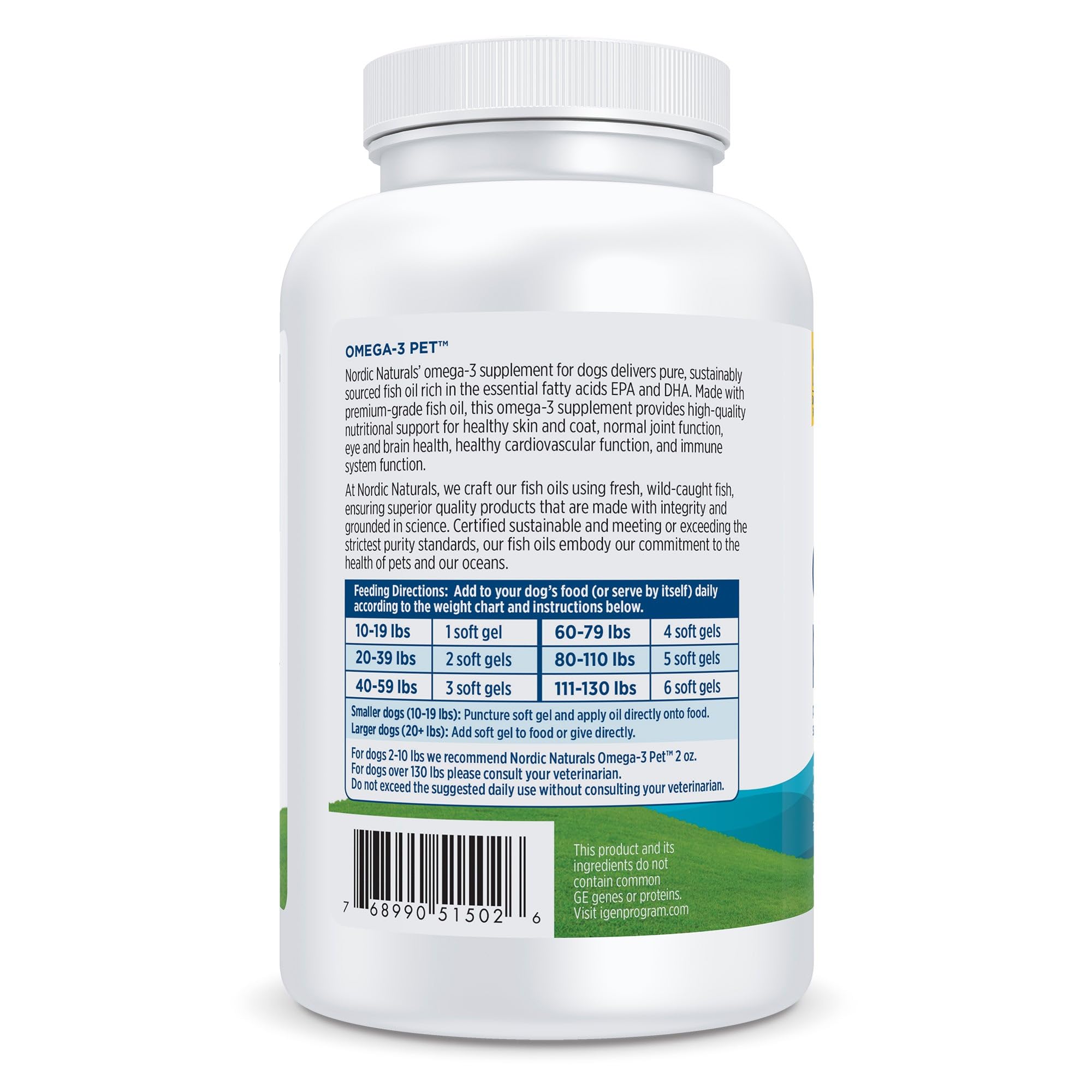 Nordic Naturals Omega-3 Pet, etiqueta clara, sin transgénicos ni gluten.