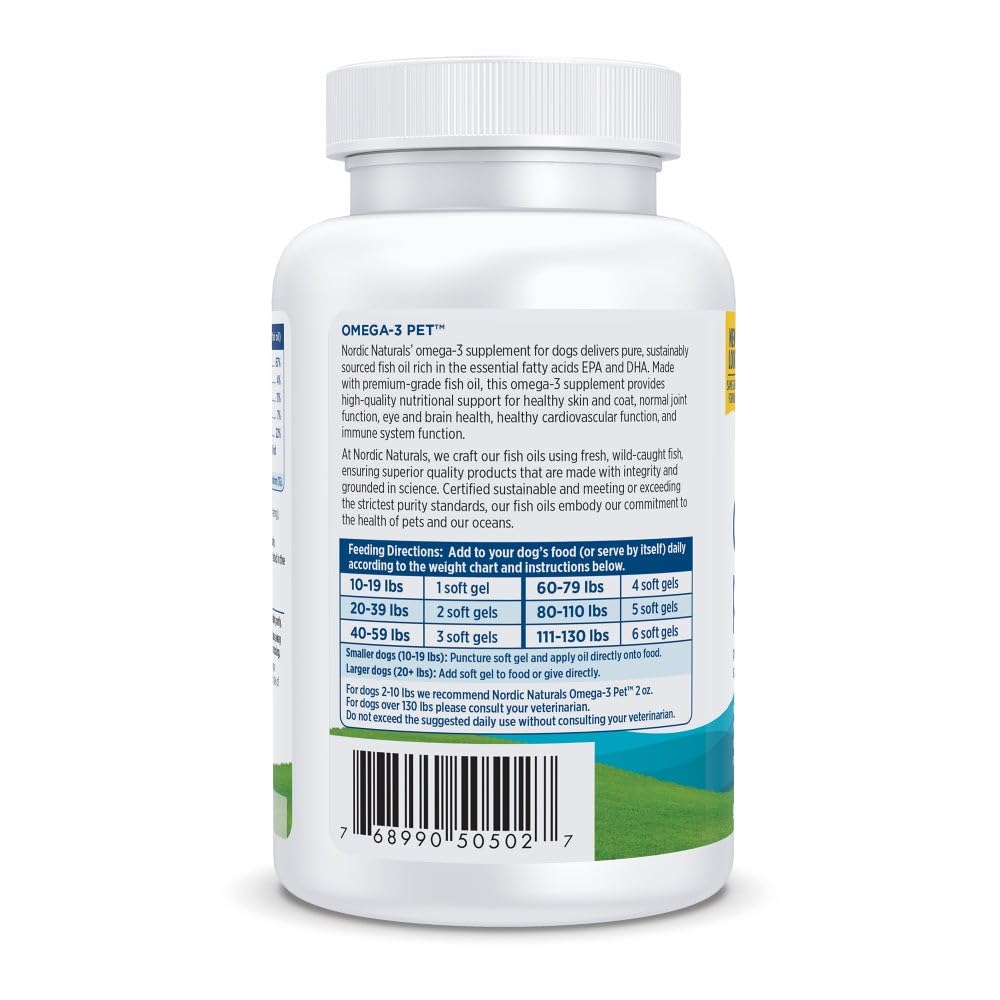 Etiqueta clara de Nordic Naturals Omega-3 Pet con información útil.