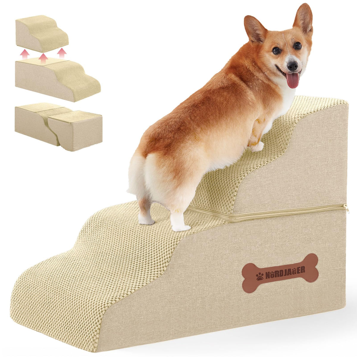 Nordjager escaleras para perros, vista general del producto en cama alta.