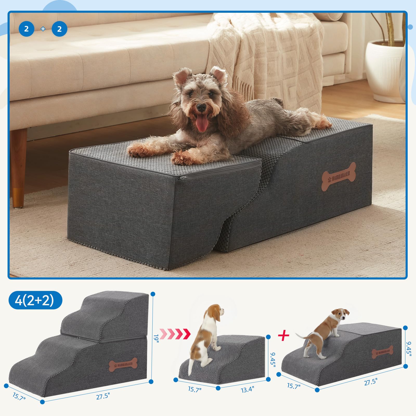 Nordjager escaleras de 4 pasos para perros: acceso suave al sofá.