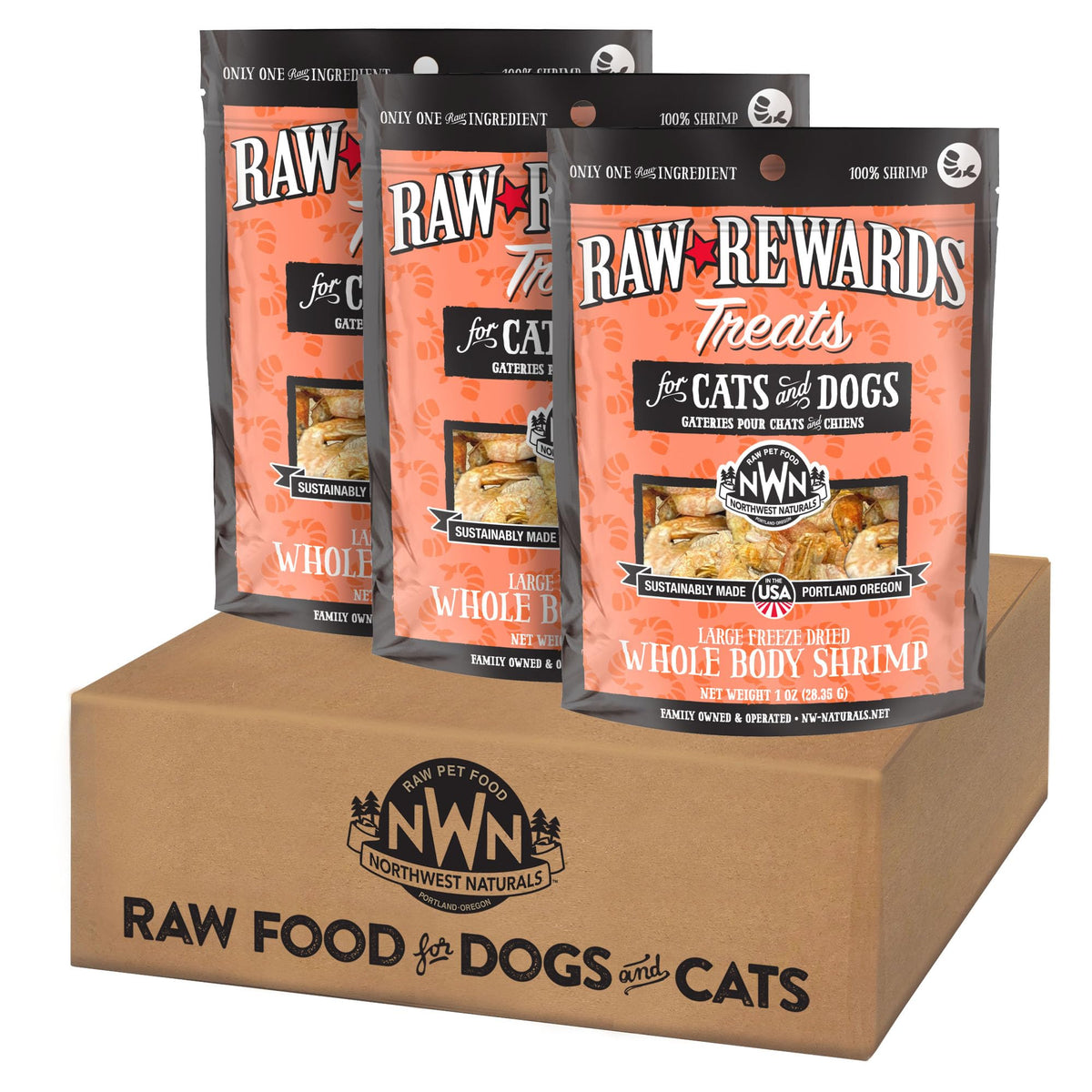 Northwest Naturals gambas deshidratadas en empaque abierto, snack sabroso para mascotas.