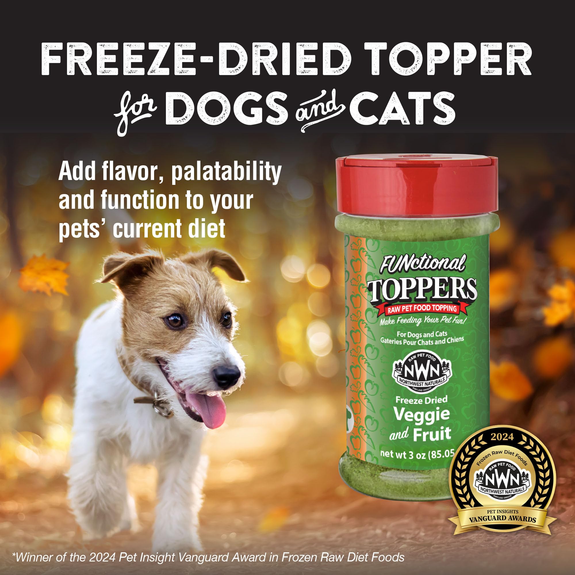 Topper para espolvorear sobre comida realza sabor y textura de mascotas.