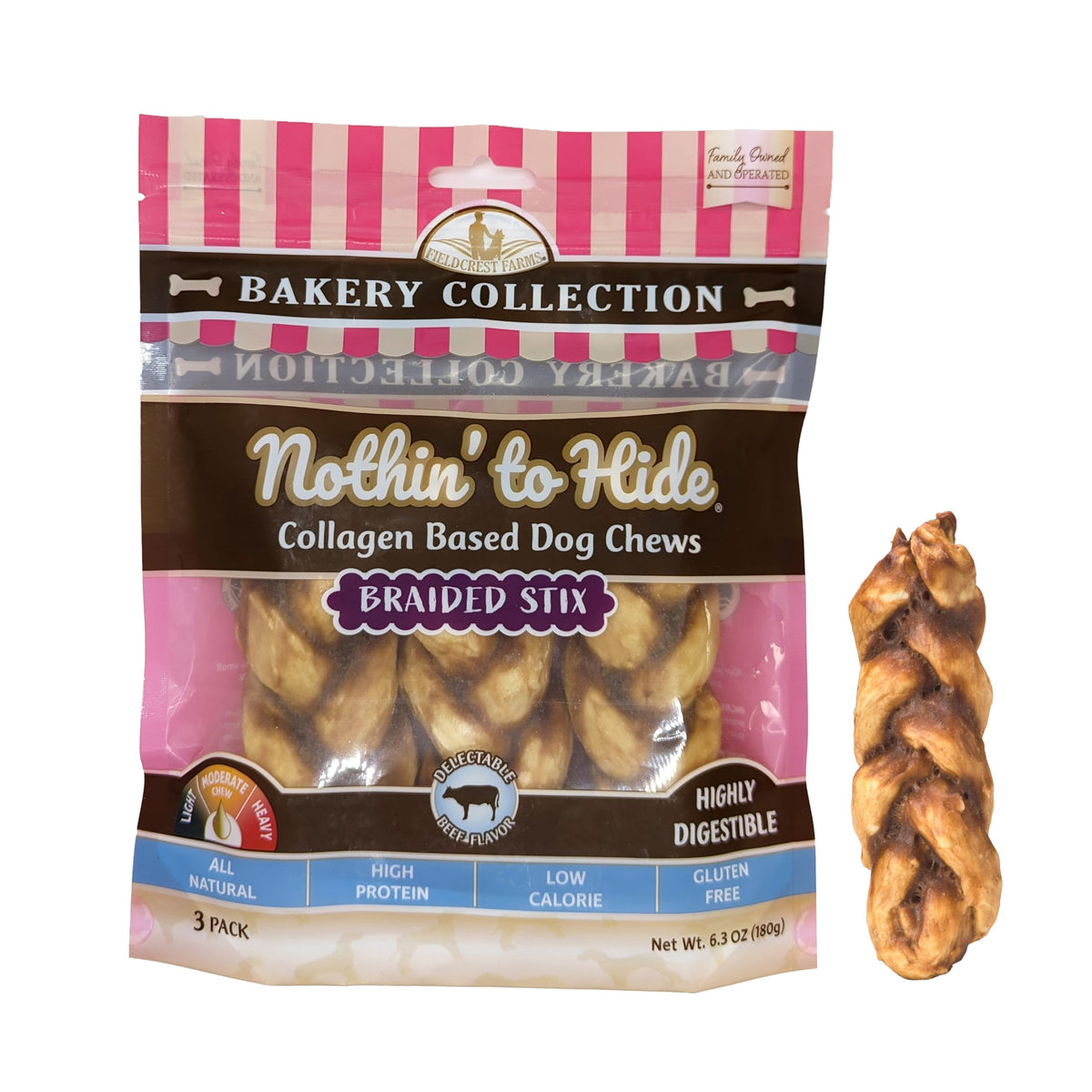 NOTHIN TO HIDE palitos trenzados de colágeno con sabor a res para la salud dental