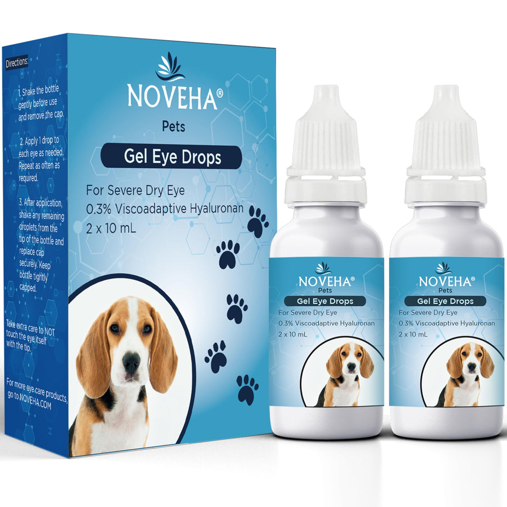 Gotas gel ocular NOVEHA para perro en botella de 10 ml para hidratación suave.