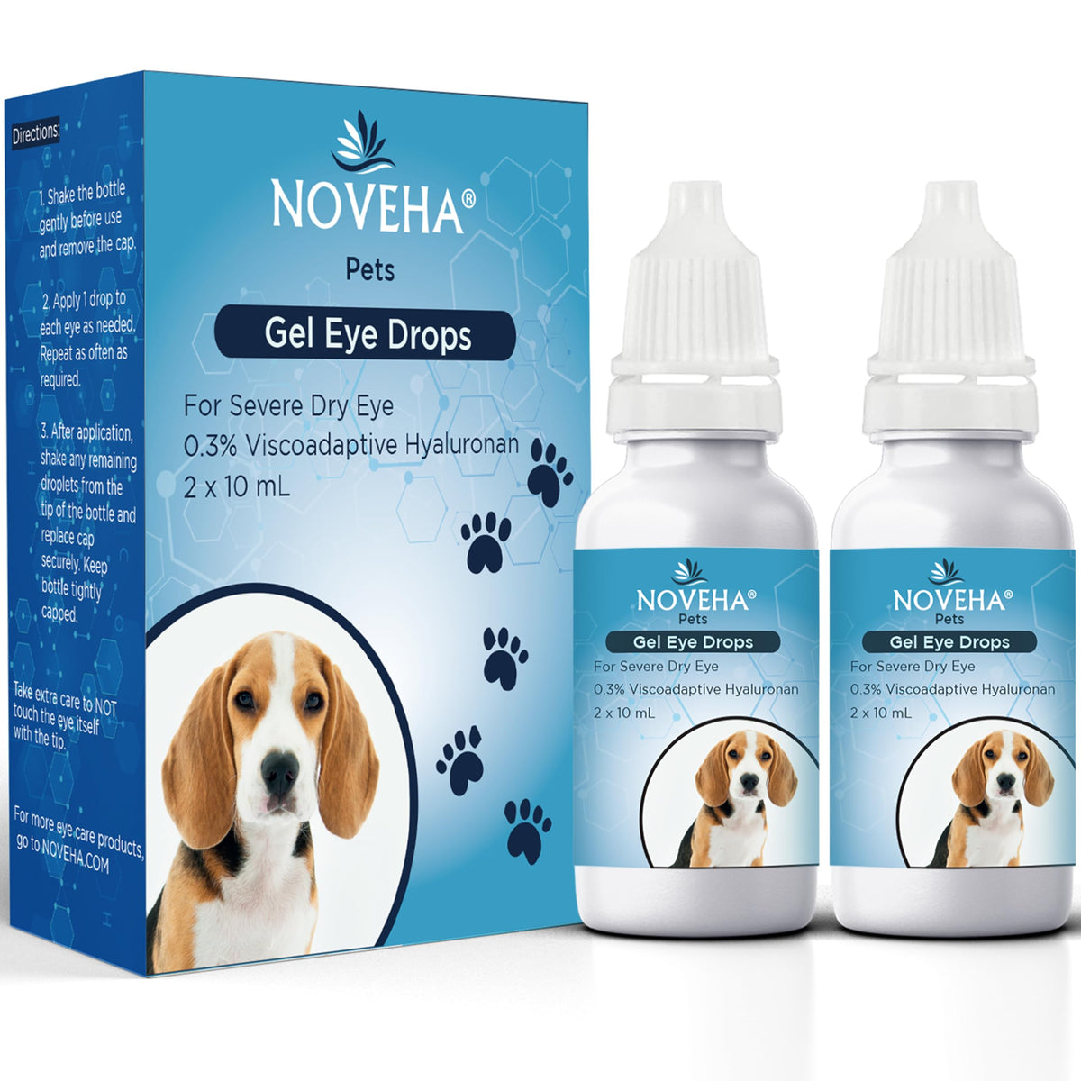 Gotas gel ocular NOVEHA para perro en botella de 10 ml para hidratación suave.