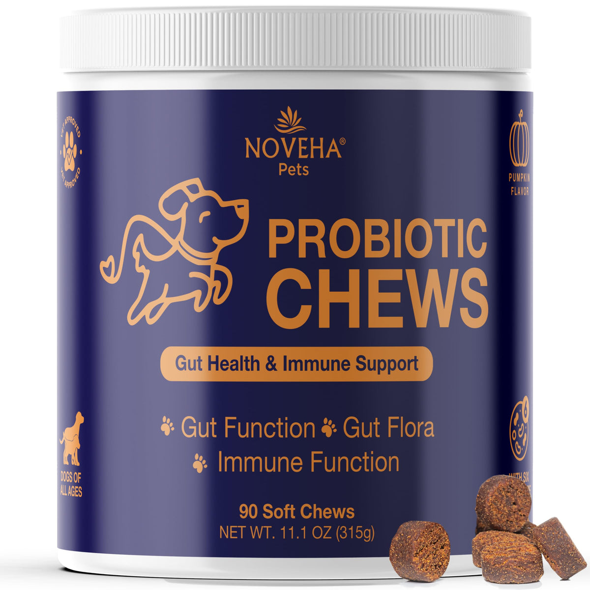 NOVEHA Gomitas probióticas para perros en bote, soporte digestivo diario