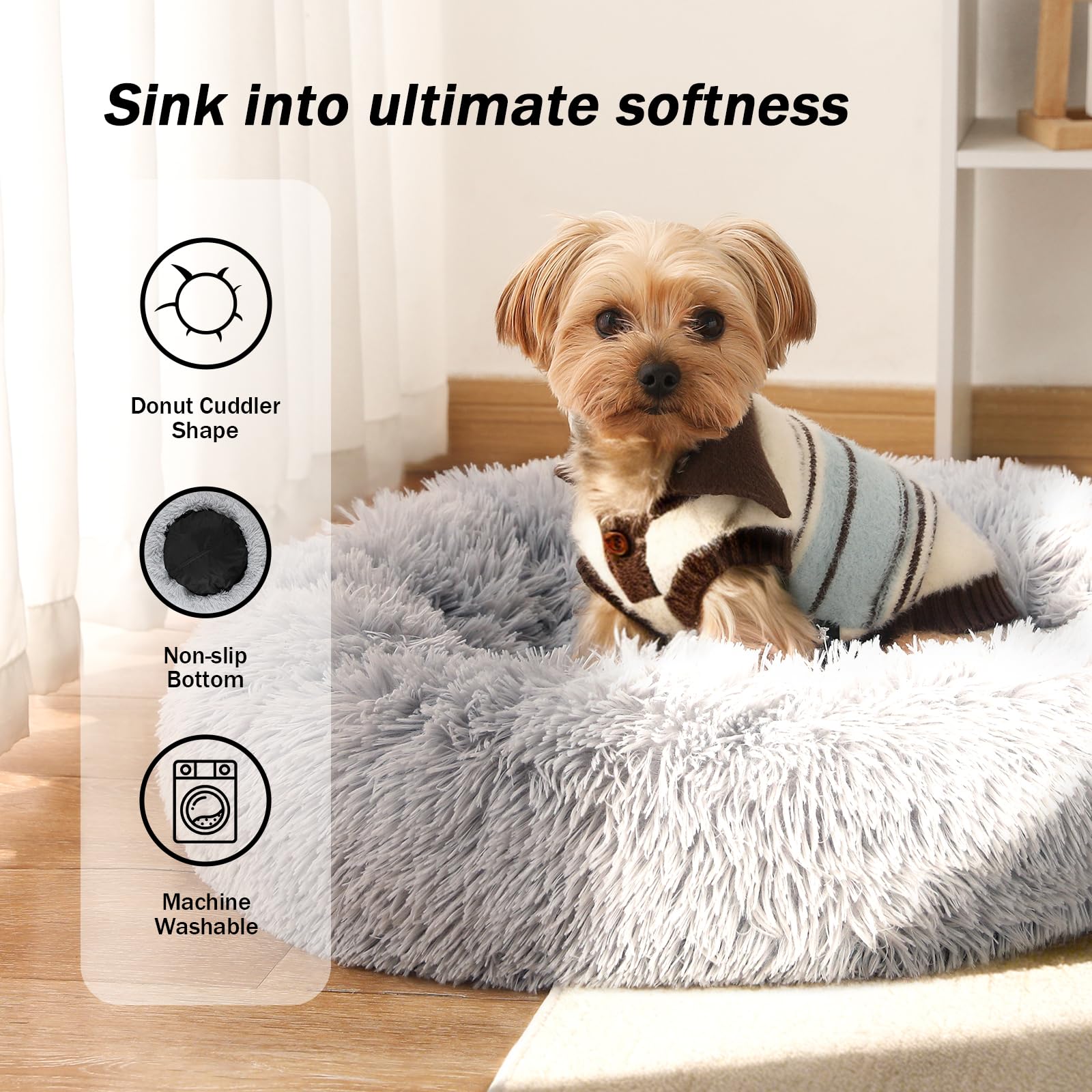 La cama NOYAL Donut para perro mediano brinda apoyo envolvente.