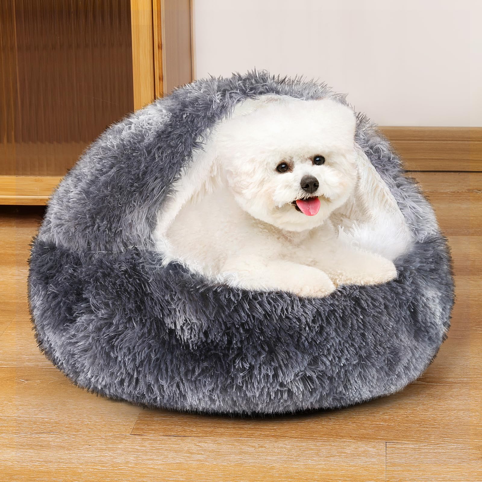 NOYAL cama-donut-capucha en cinco tallas para perros pequeños y medianos.