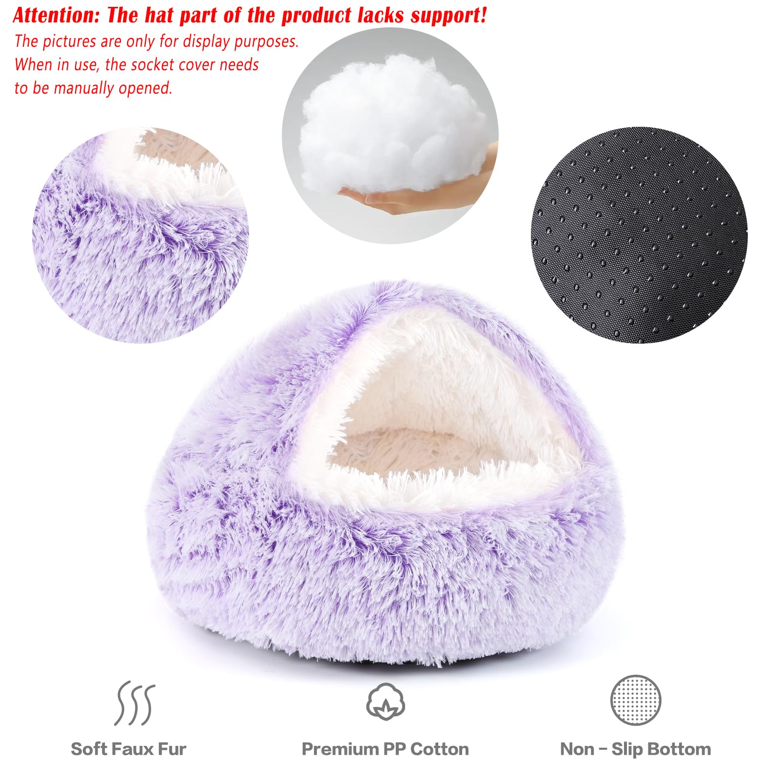 NOYAL cama donut capucha interior felpa suave para descanso cómodo.