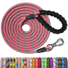NTR long dog leash with pink lockable hook for secure control during walks.