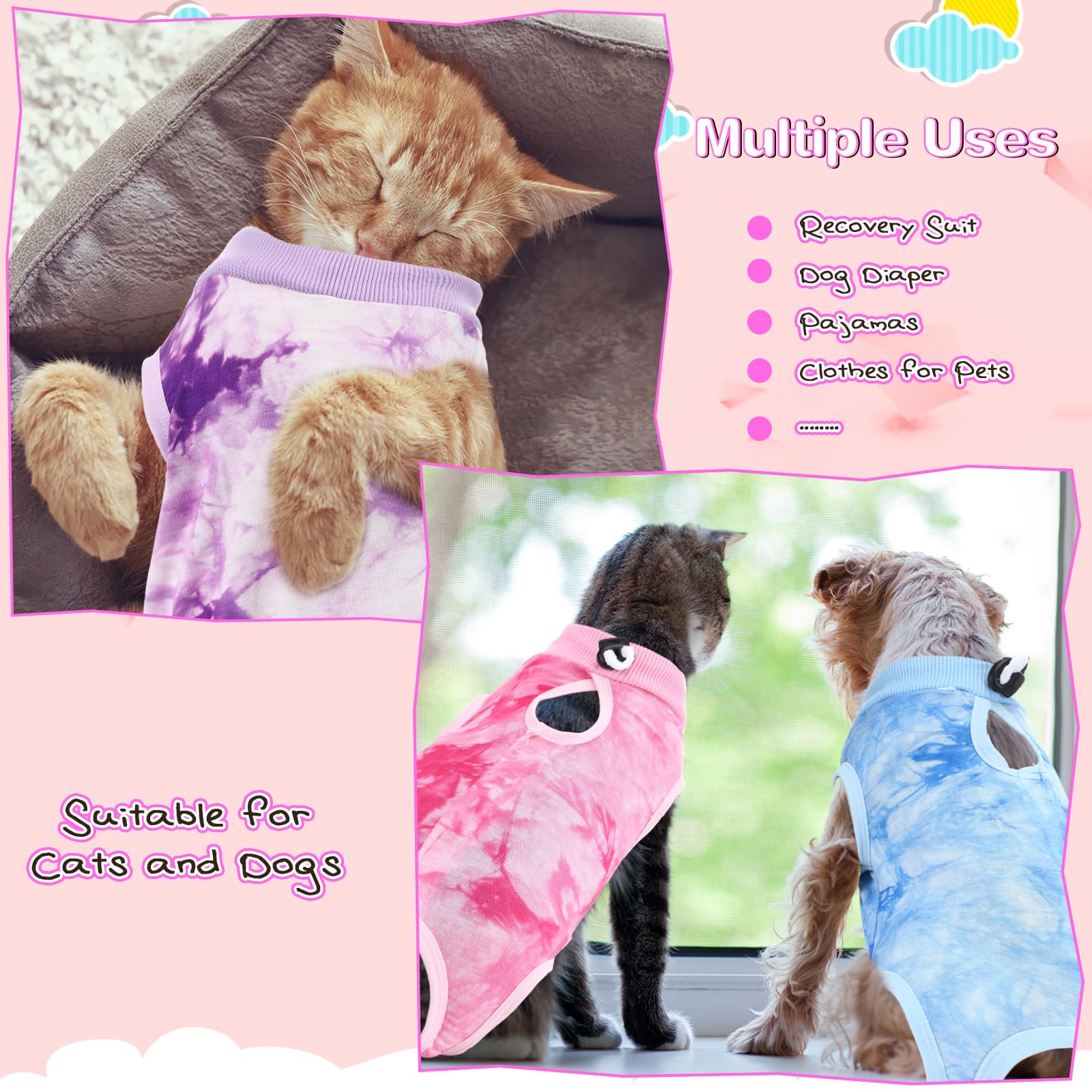 Conjunto Nuanchu de tres pijamas de recuperación para mascotas, colores vivos.