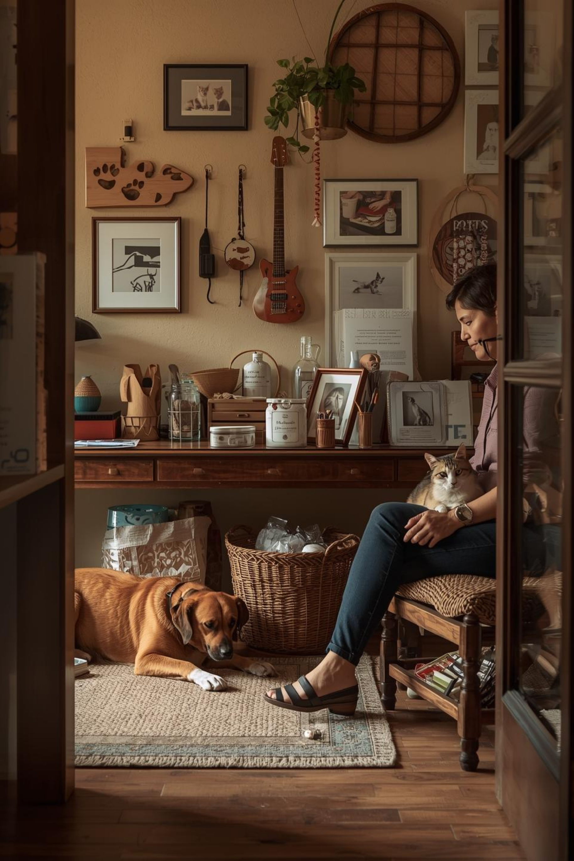 Espacio de trabajo en casa en México con productos para mascotas, representando la historia y el origen de maskotashop