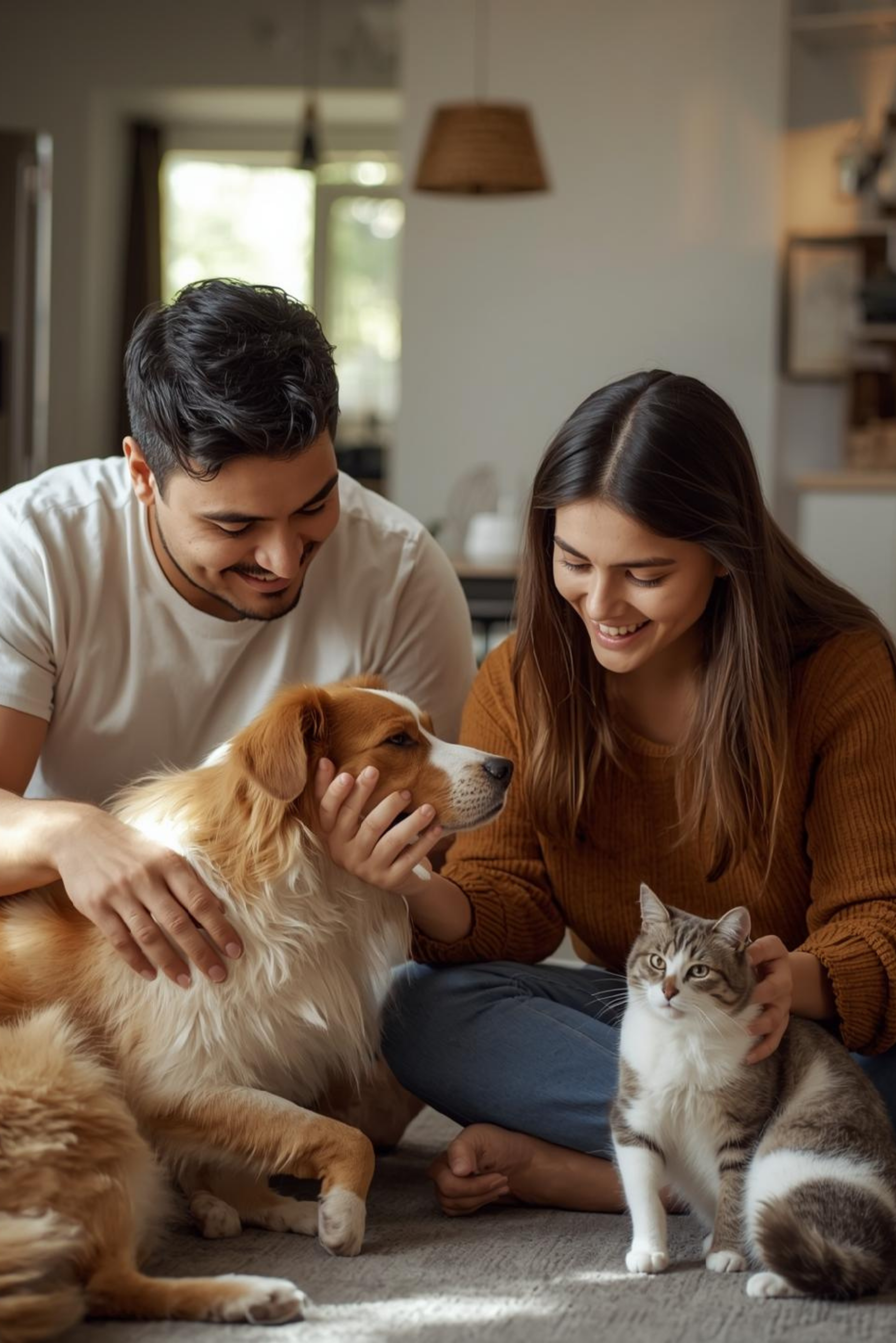 Familia en México cuidando a su perro y gato en casa, representando el compromiso de maskotashop con el bienestar de las mascotas