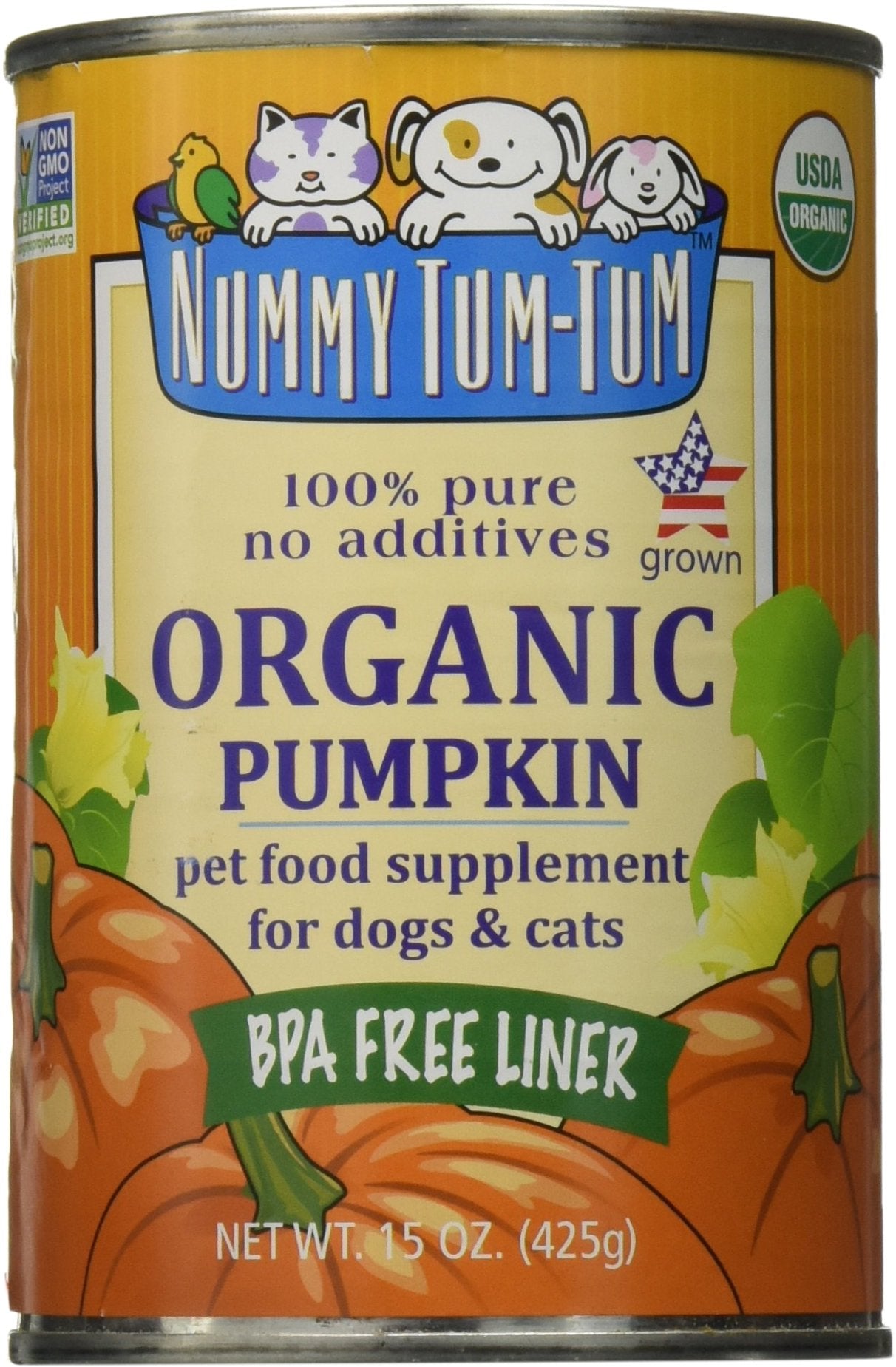 Nummy Tum Tum calabaza orgánica en lata de 15 oz, complemento para la dieta de perros.